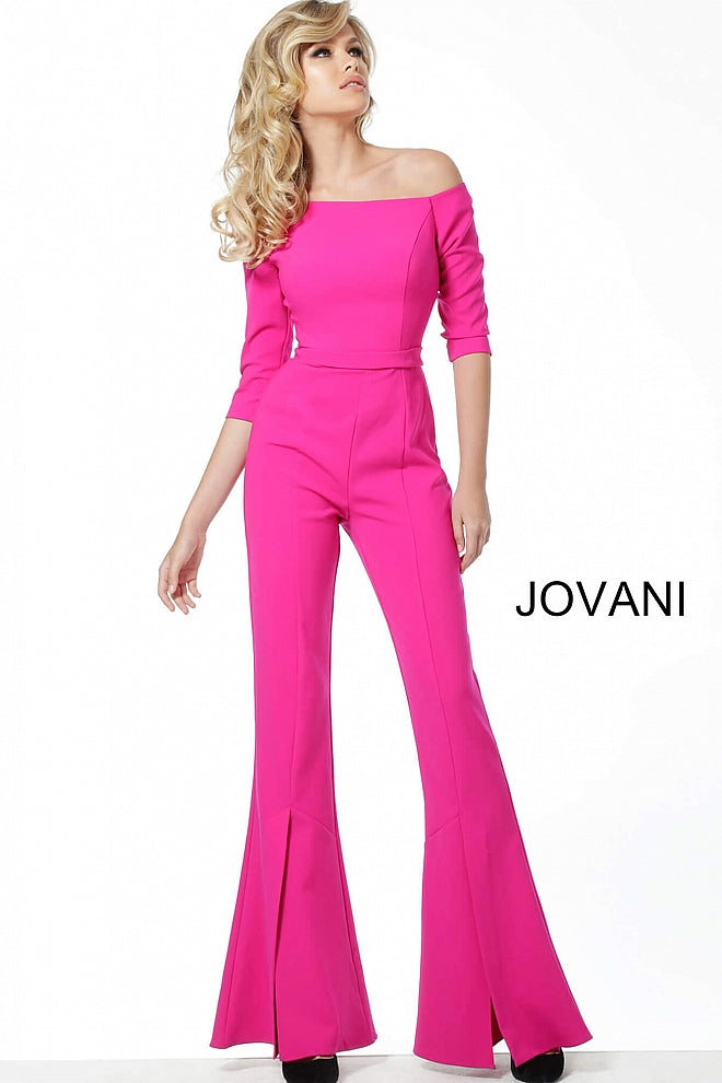 Jovani 1867 off the shoulder fitted bell bottom jumpsuit  three quarter long sleeve, Fuchsia Three Quarter Sleeve Bell Pant Jumpsuit 1867  Black, Fuchsia Sizes 00-24  Fuchsia Three Quarter Sleeve Bell Pant Jumpsuit 1867