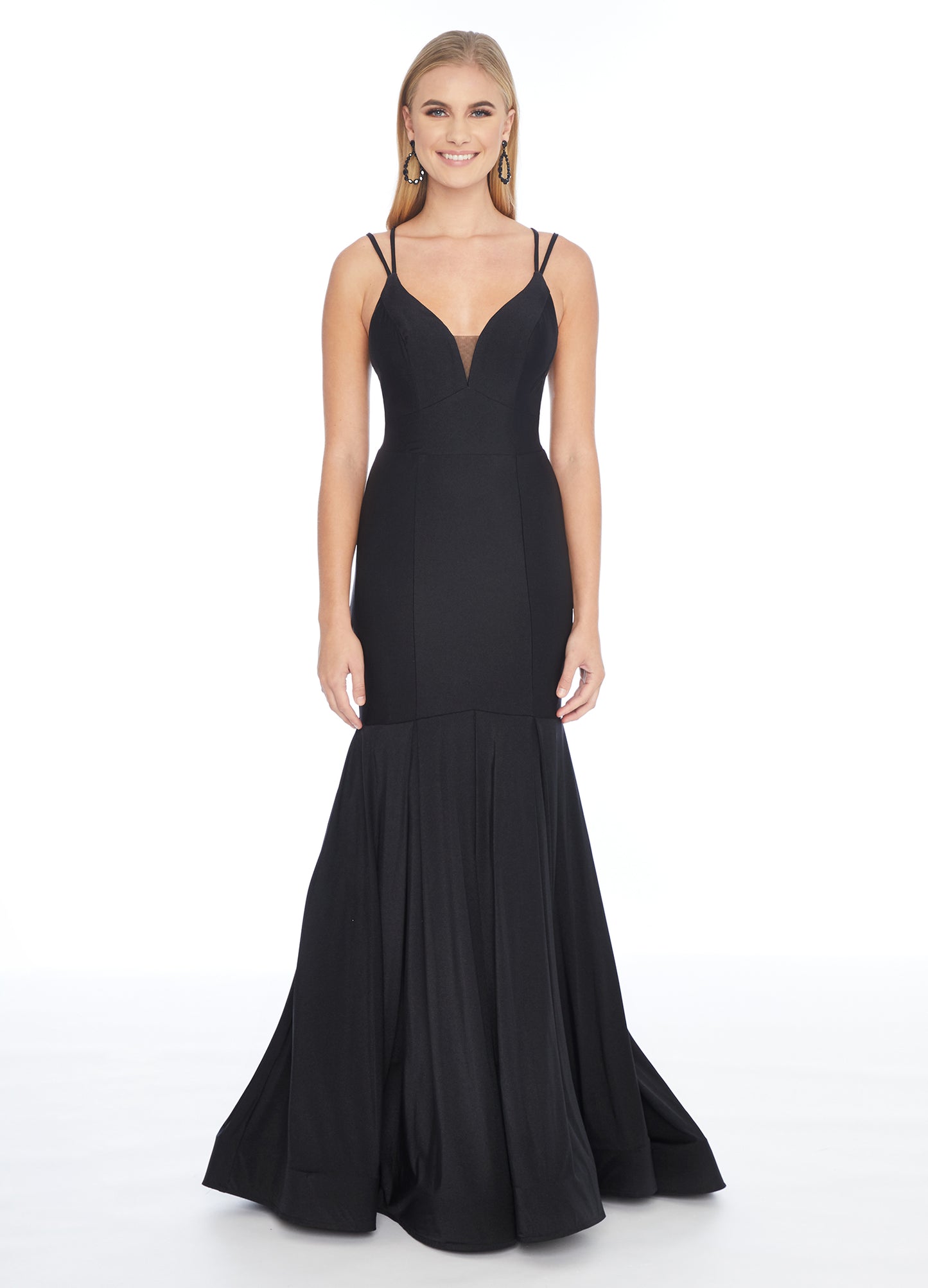 Ashley Lauren 1870 This stunning fit & flare evening gown is sure to turn heads! The bustier is has a v-neckline complete with double spaghetti straps and illusion panel sides. The skirt embellished with box-pleats and sweeping train. Racer Back Jersey