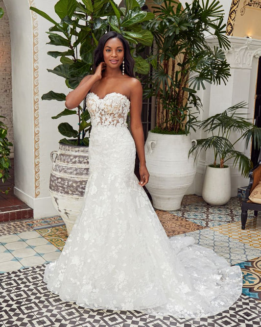 Casablanca Beloved STYLE BL359 MAREN Meet Style BL359, the perfect dress for the modern bride. This gorgeous and affordable wedding dress is designed to make an impact, with sequined floral lace appliqués dancing all throughout the form-fitting mermaid silhouette.