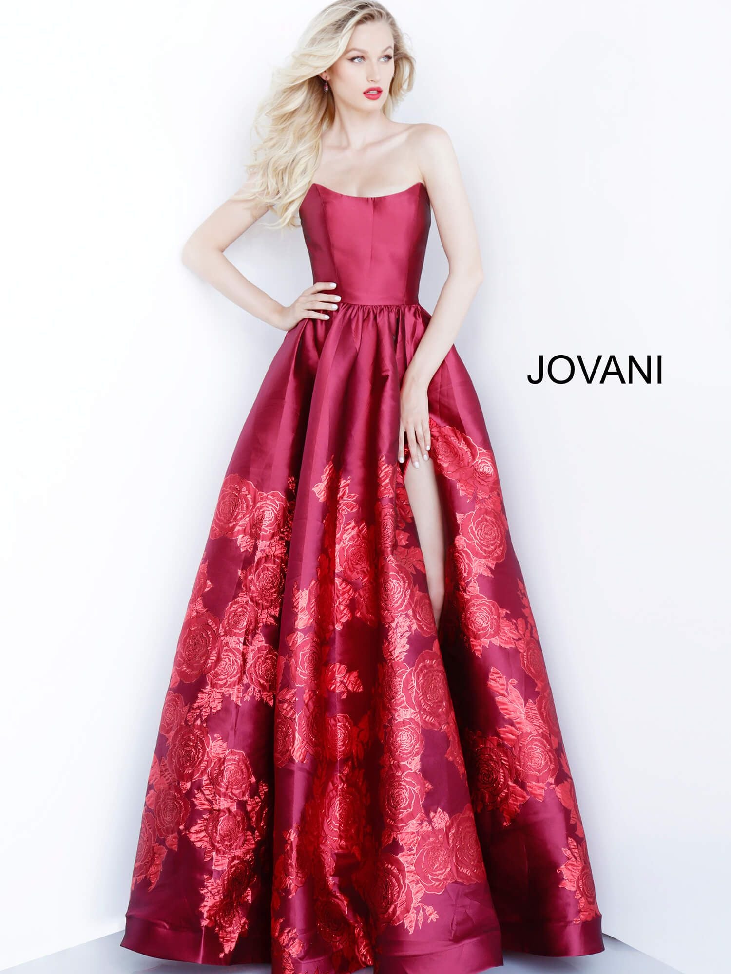 Jovani 02038 Floral Print Ballgown with Slit Evening Dress Prom Dress V Points Neckline  Floral print A-line prom gown, ruched at waist, high slit, floor length, sweeping train, strapless bodice, scoop neckline with V points.