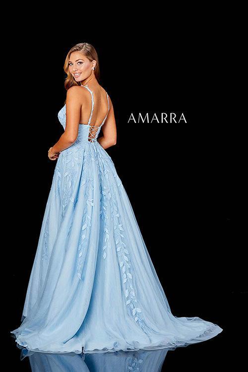 Amarra 20001 A Line Corset Prom Dress Ballgown Pockets Formal Gown Lace V Neck  Embrace your inner Cinderella on prom night, with a blue gown that’s sure to turn heads. Embellished with soft lace appliques, Style 20001 is feminine and sexy. Give in to your flirty side with a fitted V neckline bodice, lace straps and a lace up back. ● Made with quality lace and tulle for a luxurious high-fashion finish ● Available in black, bright pink, ivory, light blue, lilac, red, wine, yellow