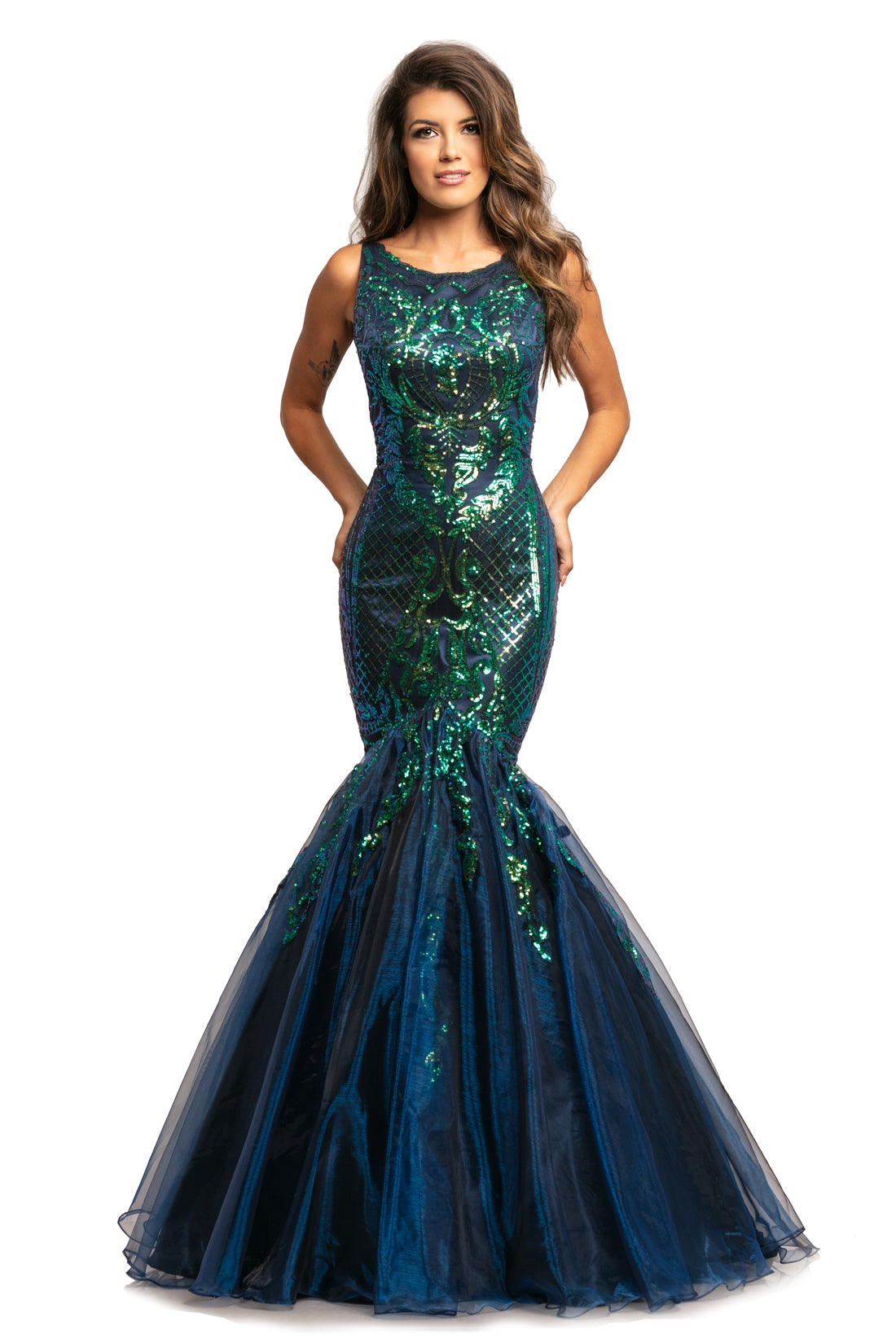 Johnathan Kayne 2018 is a sequin mermaid Prom Dress, Pageant Gown & Formal Evening Wear. Featuring a Sexy Fitted Mermaid Silhouette. High Neckline. Sequin Embellished Bodice with scallop edge. Fit & Flare Leads to a Lush Trumpet Skirt with Iridescent Organza. Sequin Embellishments cascade from the Embellished bodice into the Shimmer Skirt. 