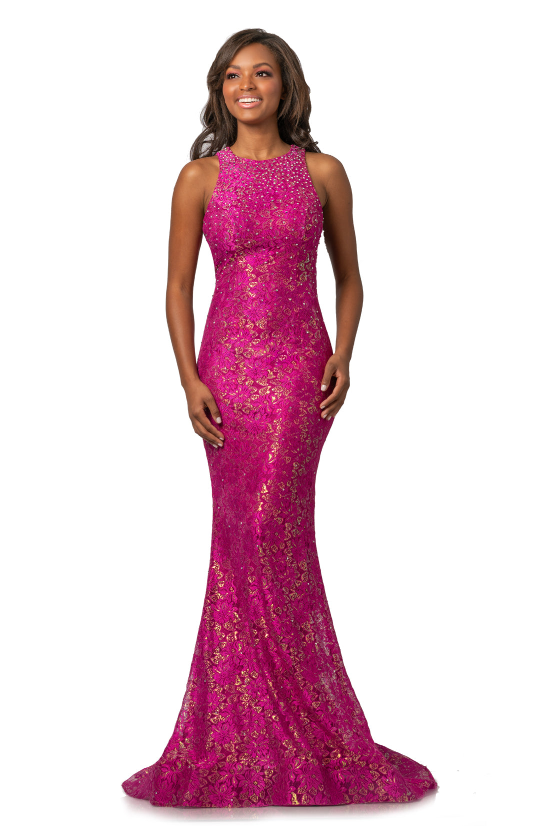 Johnathan Kayne 2036 is a long lace Prom Dress, Pageant Gown & Formal Evening Wear. This Long Fitted Gown Features Iridescent Metallic Shimmer Lace along the entire dress. Featuring a high neckline and beautiful Open Cutout back. Embellished with scattered crystals along the bodice. Subtle Fit & Flare Silhouette with a stage worthy sweeping train!