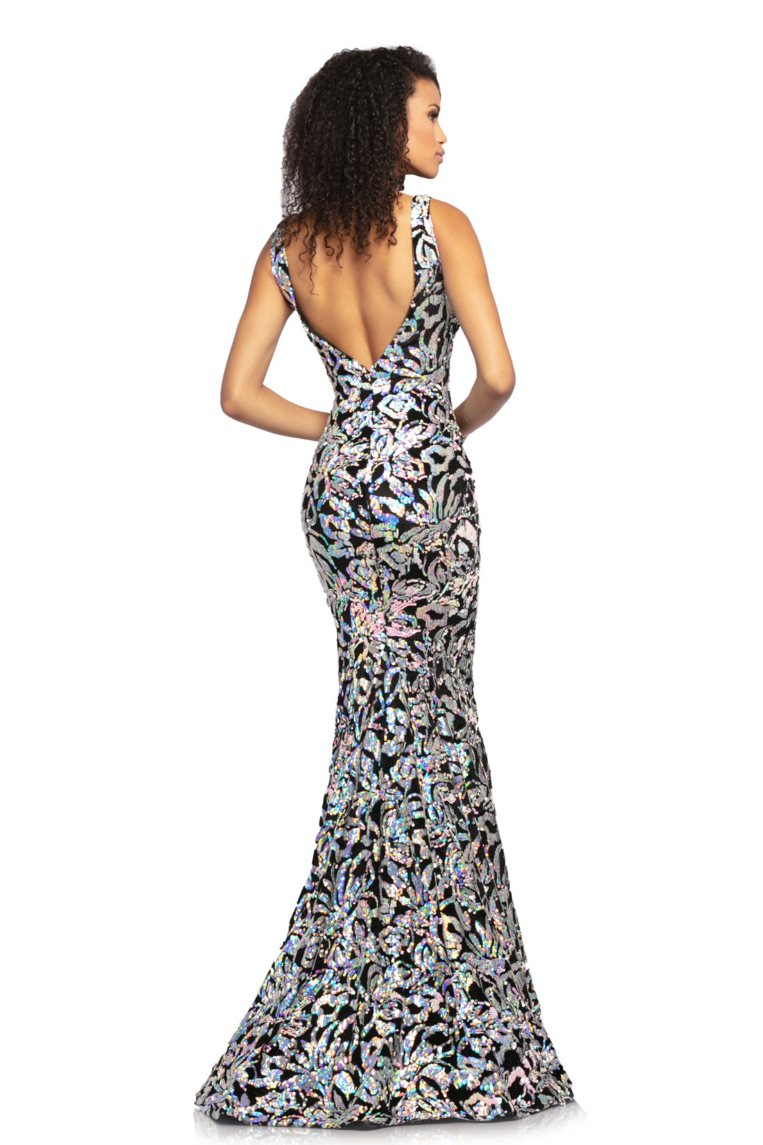 Johnathan Kayne 2106 is a velvet and sequins Prom Dress, Pageant Gown & Formal Evening Wear!  This Long Fitted Mermaid Dress Features a Stretch Velvet with Floral Iridescent  Sequin Embellishments along the entire dress. Deep V Neckline. with open V Back. Fit & Flare Silhouette with a Lush Trumpet Skirt. This Gown is Stunning!