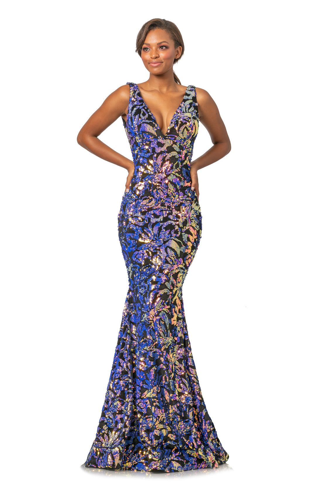 Johnathan Kayne 2106 is a velvet and sequins Prom Dress, Pageant Gown & Formal Evening Wear!  This Long Fitted Mermaid Dress Features a Stretch Velvet with Floral Iridescent  Sequin Embellishments along the entire dress. Deep V Neckline. with open V Back. Fit & Flare Silhouette with a Lush Trumpet Skirt. This Gown is Stunning!