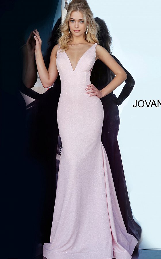 Jovani 02132 Pink V Neck Jovani Prom Dress 02132 Long Sexy Fitted Mermaid Prom Dress, Deep V Plunging Neckline with a Fit & Flare Shape Leading to a lush trumpet skirt with horse hair trim. Stretch Glitter fabric adds a touch of glam and a comfortable wear all night long!  Available Sizes: 00-24  Available Colors: blue, champagne, orange, pink