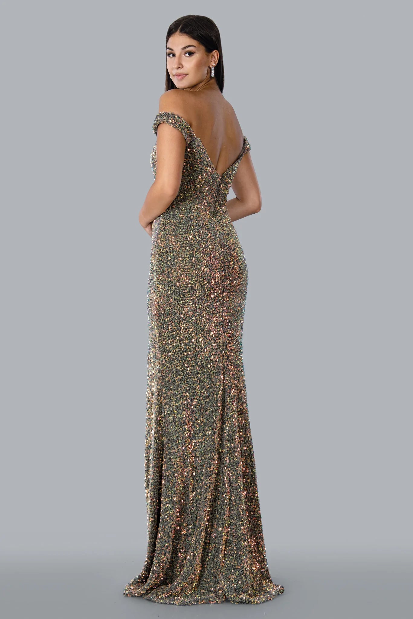 Stella Couture 23109 Long Fitted Sequin off the Shoulder Formal Prom Dress Slit Formal Gown  Sizes: 0-16  Colors: Green, Multi