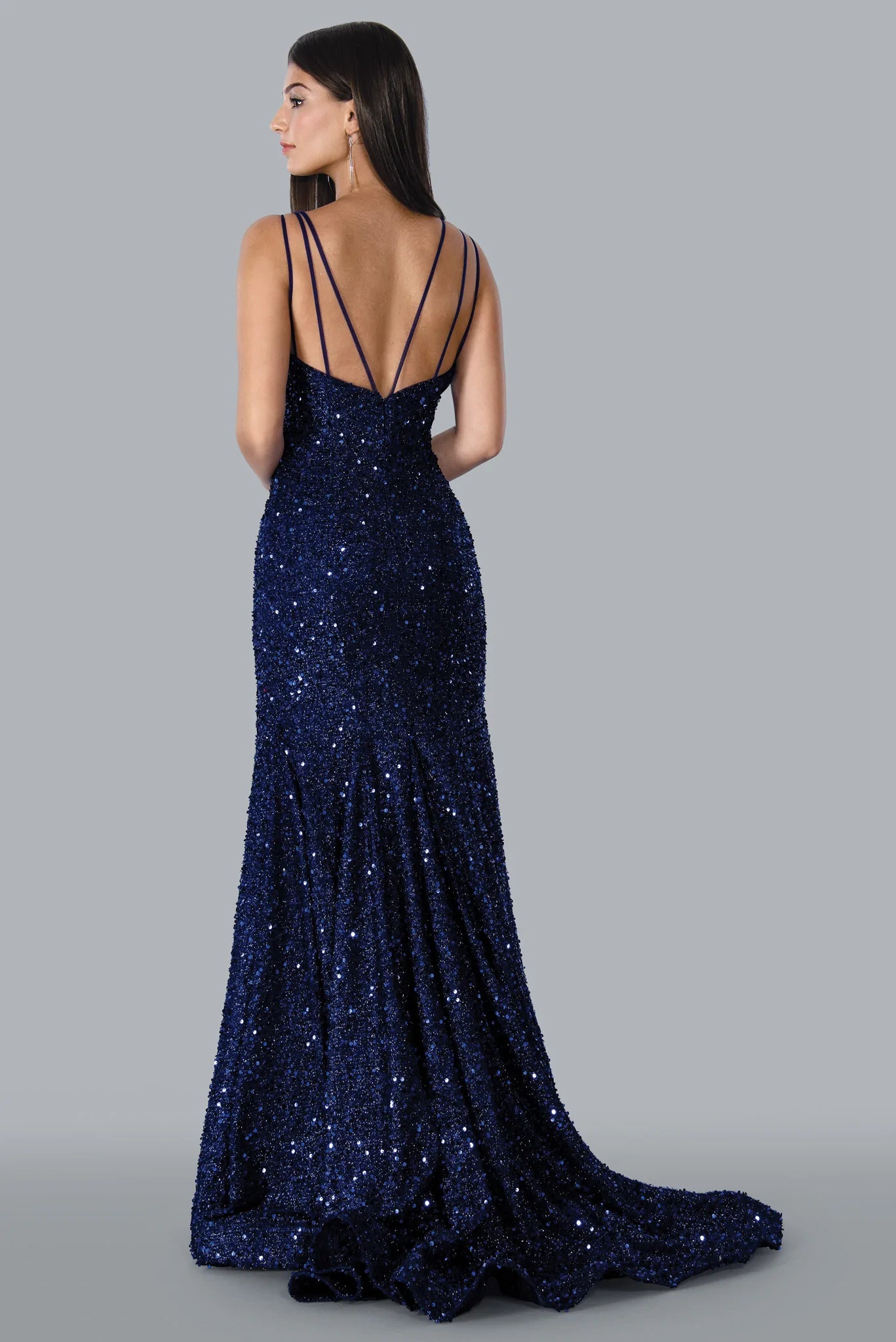 Stella Couture 23118 Long Sequin Fitted Mermaid Prom Dress V Neck Formal Gown Sweeping Train  Sizes: 0-16  Colors: Blue