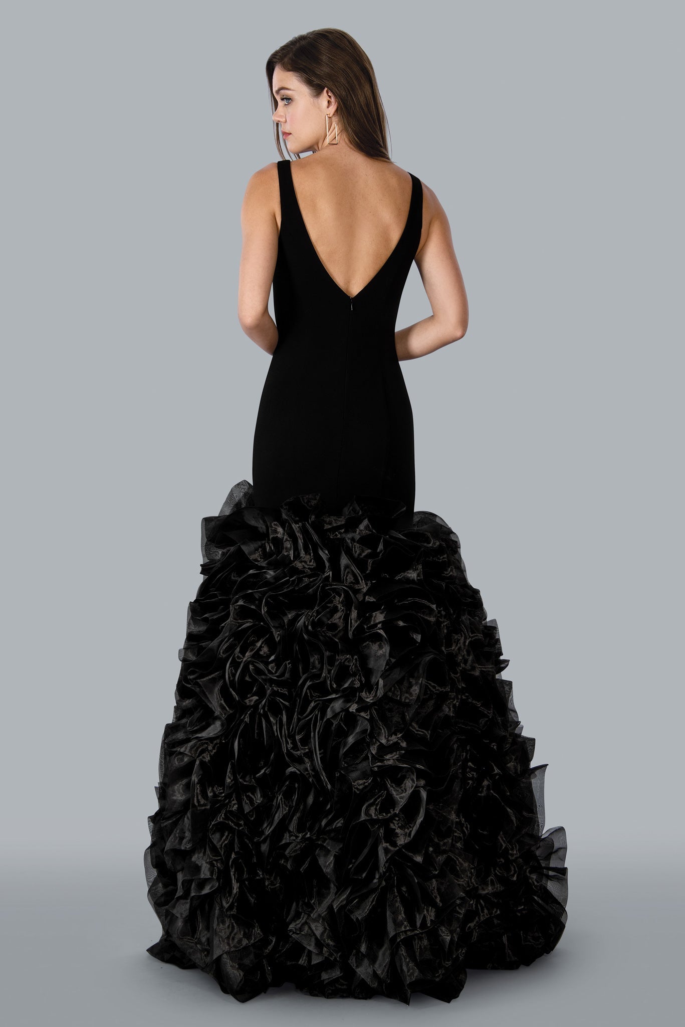 Stella Couture 23120 Long Fitted Ruffle scuba Mermaid Formal Prom Pageant Dress v neckline  Available Sizes: 0-16  Available Colors: Black, Off White