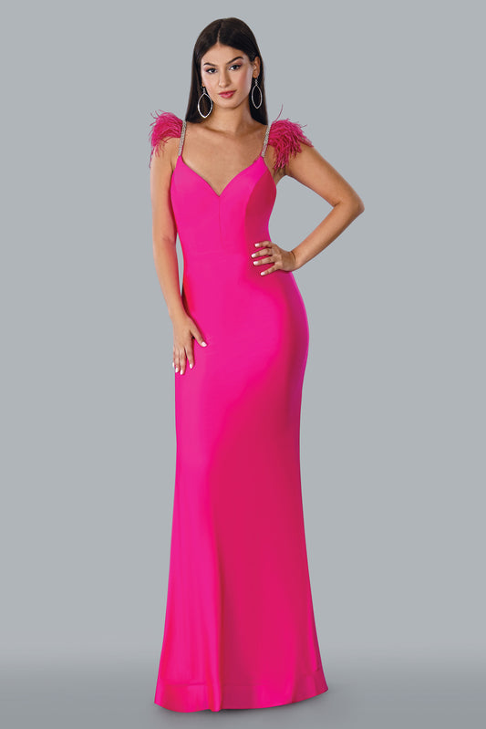 Stella Couture 23125 Long Fitted Crystal Feather Strap Prom Dress Backless Formal Gown Ruched hip  Sizes: 0-16  Colors: BLACK, FUCHSIA, TURQUOISE, ORANGE-CORAL