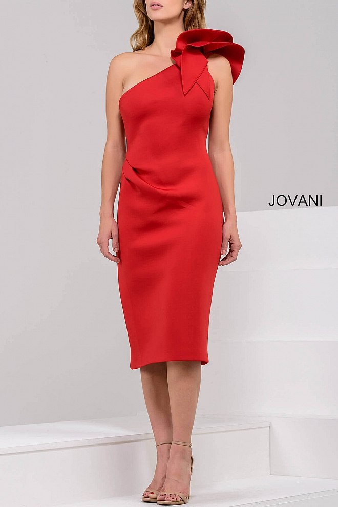 Jovani 23886 presents an exquisite three quarter length scuba fitted dress, perfect for bridesmaids or cocktail events. The one shoulder neckline is adorned with a charming ruffle detail, adding a touch of elegance.