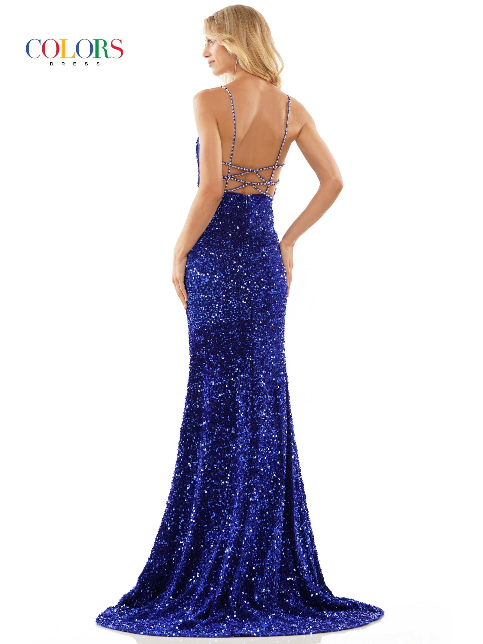 Colors Dress 2459 Long Sequin Backless Prom Dress Formal Pageant Gown Crystal Strap 47″ all over sequin plunged neckline fit & flare dress with beaded belt and crisscross strap back Available Sizes: 0-16  Available Colors: Off White, Red, Royal, Silver, Charcoal, Deep Green, Hot Pink, Lilac