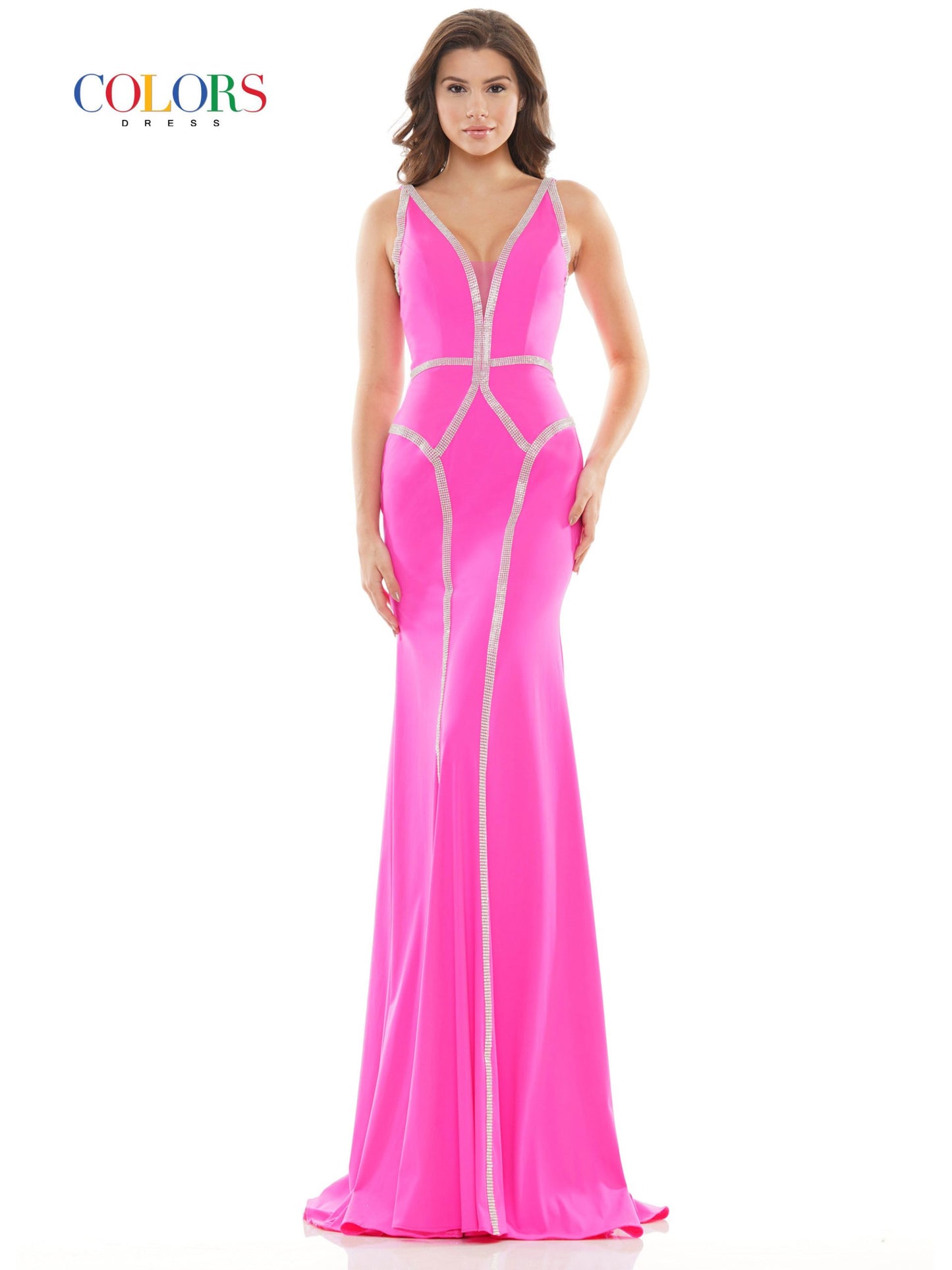 Colors 2696 Long Fitted Crystal Embellished V Neck Prom Dress Pageant Gown   Colors: Red, Hot Pink, Turquoise Sizes: 0-22