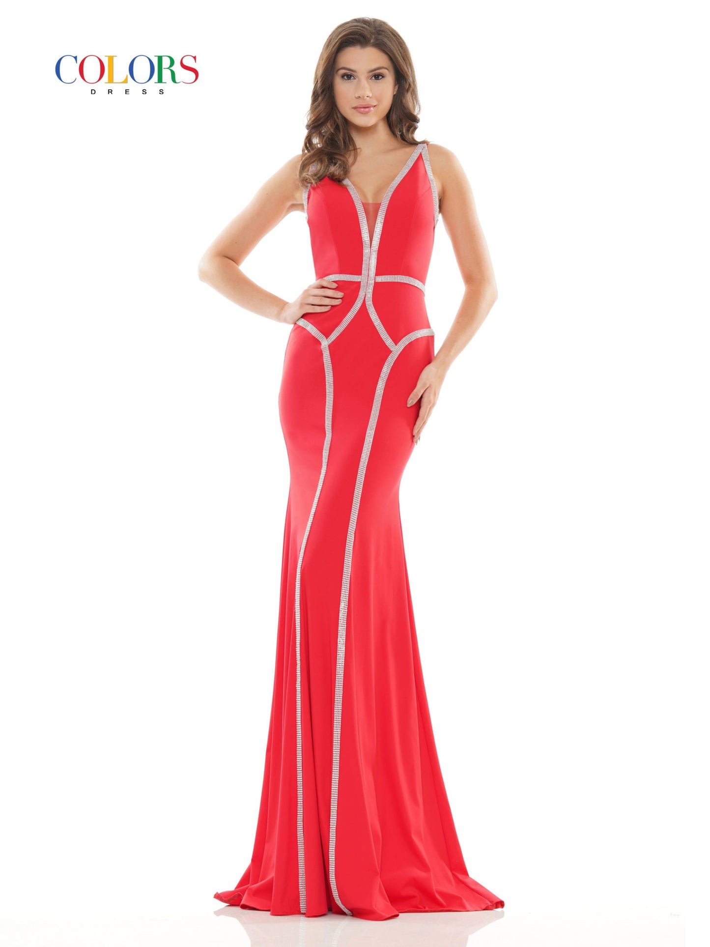 Colors 2696 Long Fitted Crystal Embellished V Neck Prom Dress Pageant Gown   Colors: Red, Hot Pink, Turquoise Sizes: 0-22