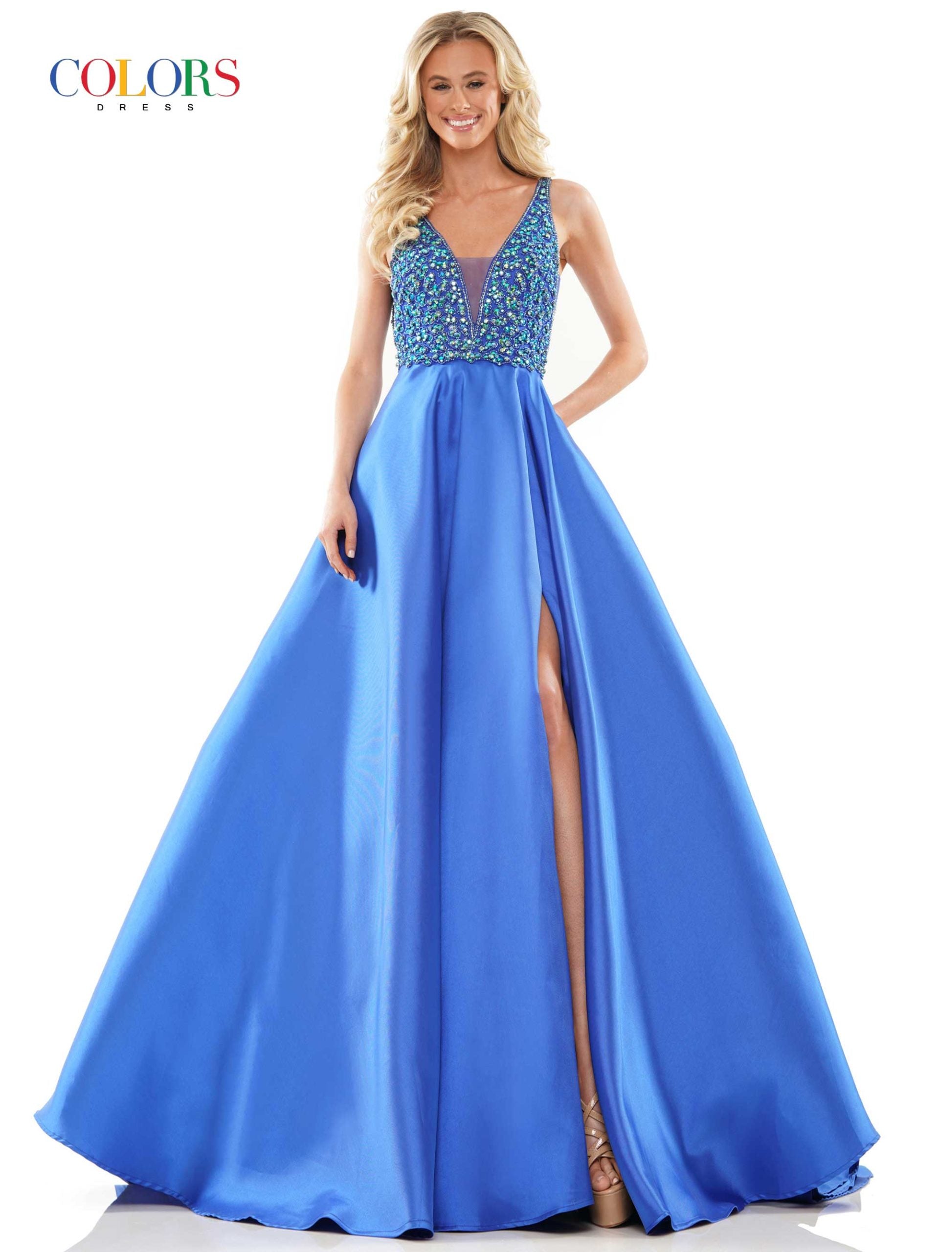 Colors 2966 Long A Line Maxi Slit Ballgown Formal Prom Dress Pageant Gown Pockets V neckline crystal embellished bodice with mesh side panels. Mikado/Beaded Mesh  Available Sizes: 2-24  Available Colors: Light Blue, Red, Royal, Deep Green