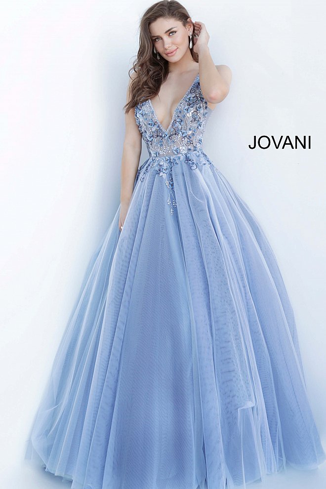 Jovani 3110 is a stunning tulle ball gown Prom Dress. Embellished 3D Floral Appliques on Sheer Illusion Bodice. Deep V Neckline & Back.  This gown would be a Perfect Sexy Wedding Dress In Ivory!  Available Sizes: 00, 0, 2, 4, 6, 8, 10, 12, 14, 16, 18, 20, 22, 24  Available Colors: blue, ivory, red