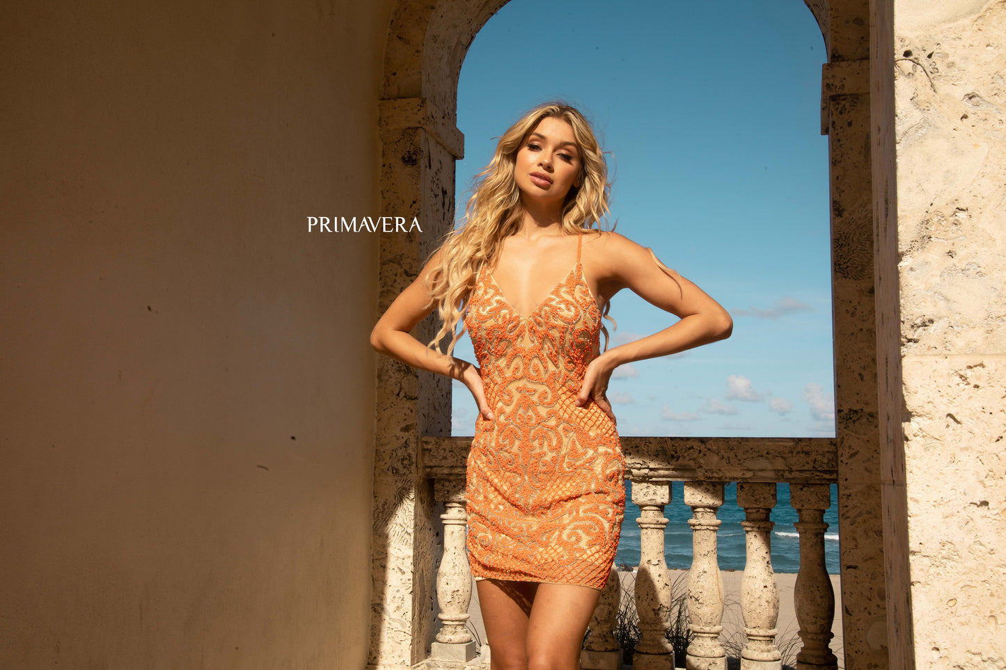 Primavera-Couture-3138-Nude-Orange-Cocktail-Dress-Front-V-Neckline-Beaded-Fitted-Sequins-Homecoming-Dresses