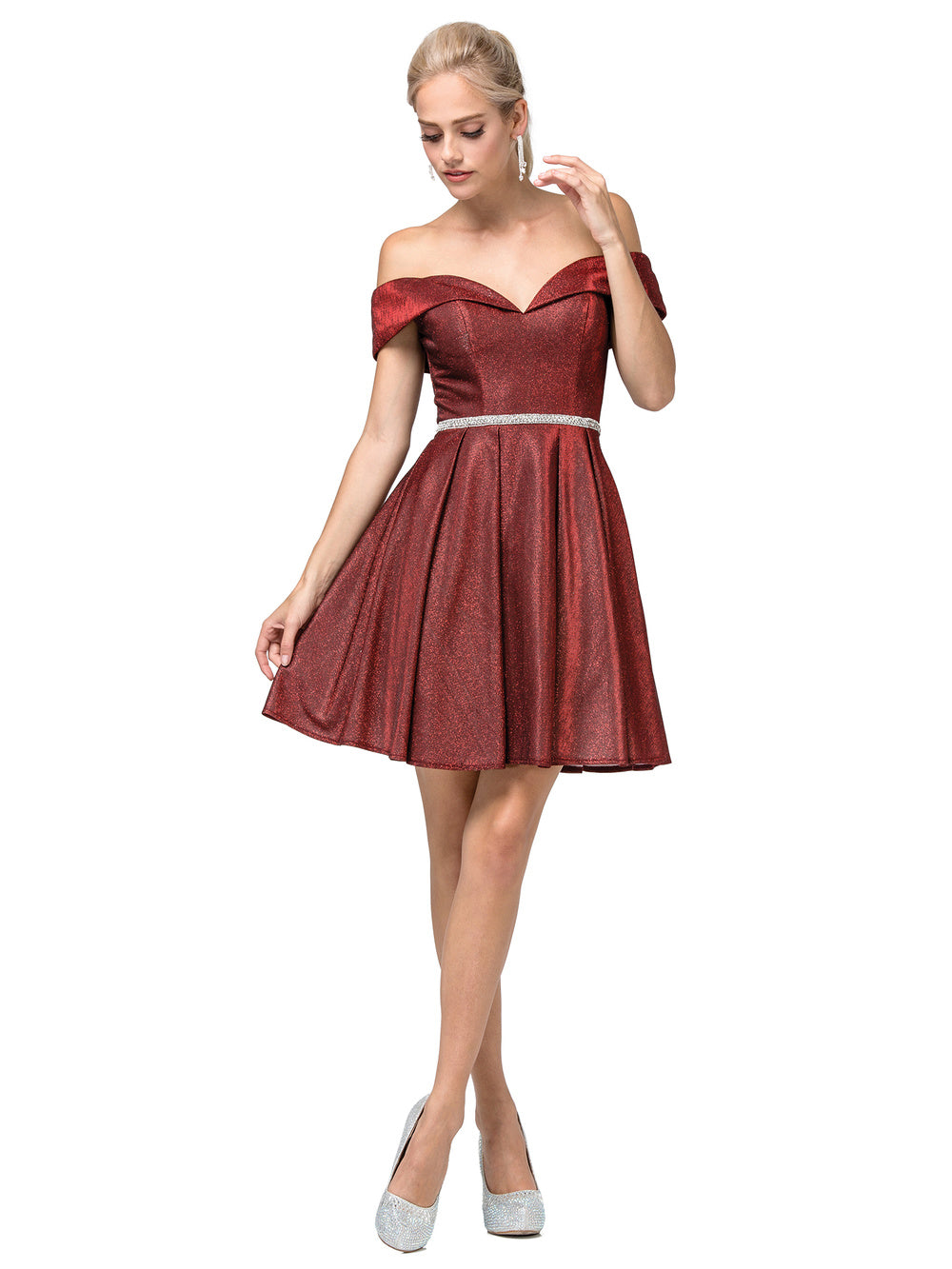 DQ 3147 is a short Shimmering Fit & Flare Short formal cocktail dress. Featuring a sweetheart neckline with full coverage off the shoulder straps. Crystal Rhinestone embellished waist belt. Pocket in flared skirt. Horse hair edged trim. great for homecoming & almost any formal event!