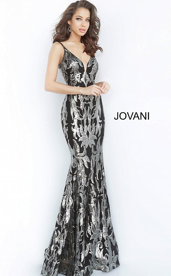 Jovani 3263 is a long Fitted Mermaid Prom Dress with a damask print sequin embellished pattern. Plunging V Neckline and open V Back. Lush Trumpet Skirt is great for the stage in this formal evening gown & Pageant Dress. Glass Slipper Formals