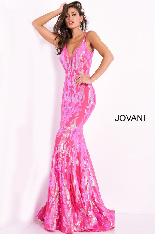 Jovani 3263 is a long Fitted Mermaid Prom Dress with a damask print sequin embellished pattern. Plunging V Neckline and open V Back. Lush Trumpet Skirt is great for the stage in this formal evening gown & Pageant Dress. Glass Slipper Formals