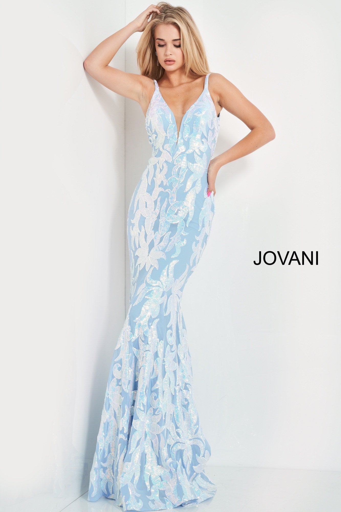 Jovani 3263 is a long Fitted Mermaid Prom Dress with a damask print sequin embellished pattern. Plunging V Neckline and open V Back. Lush Trumpet Skirt is great for the stage in this formal evening gown & Pageant Dress. Glass Slipper Formals