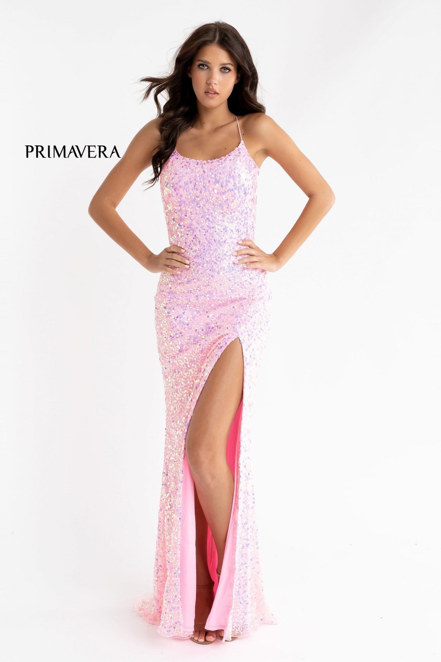 Primavera Couture 3290 Size 2, 6, 8 Neon Lilac Prom Dress Sequins Long Fitted Tie Back Scoop Neckline