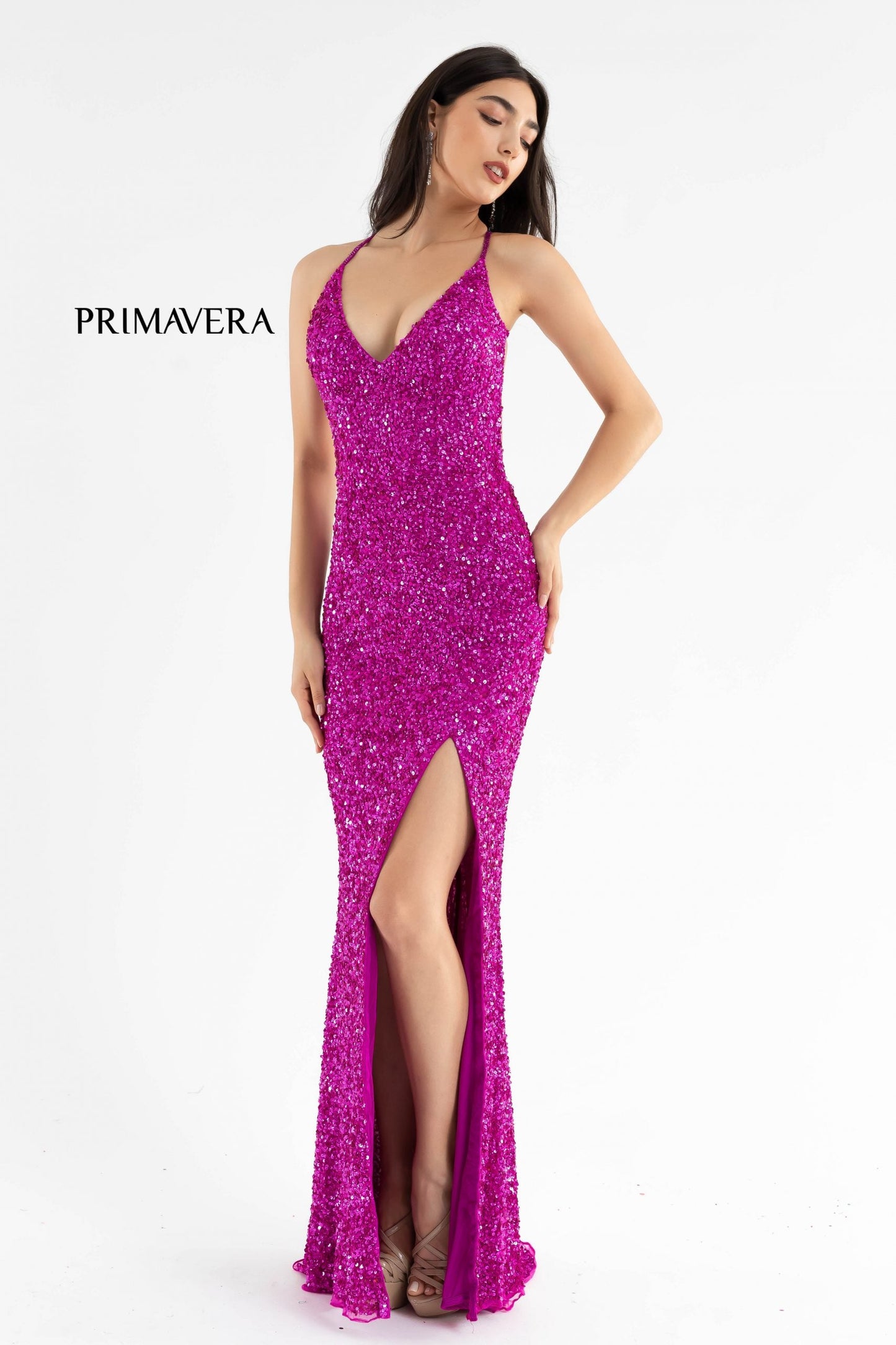 Primavera Couture 3291 Size 2 Neon Coral Prom Dress Long Fitted Backless Sequin Formal Evening Gown