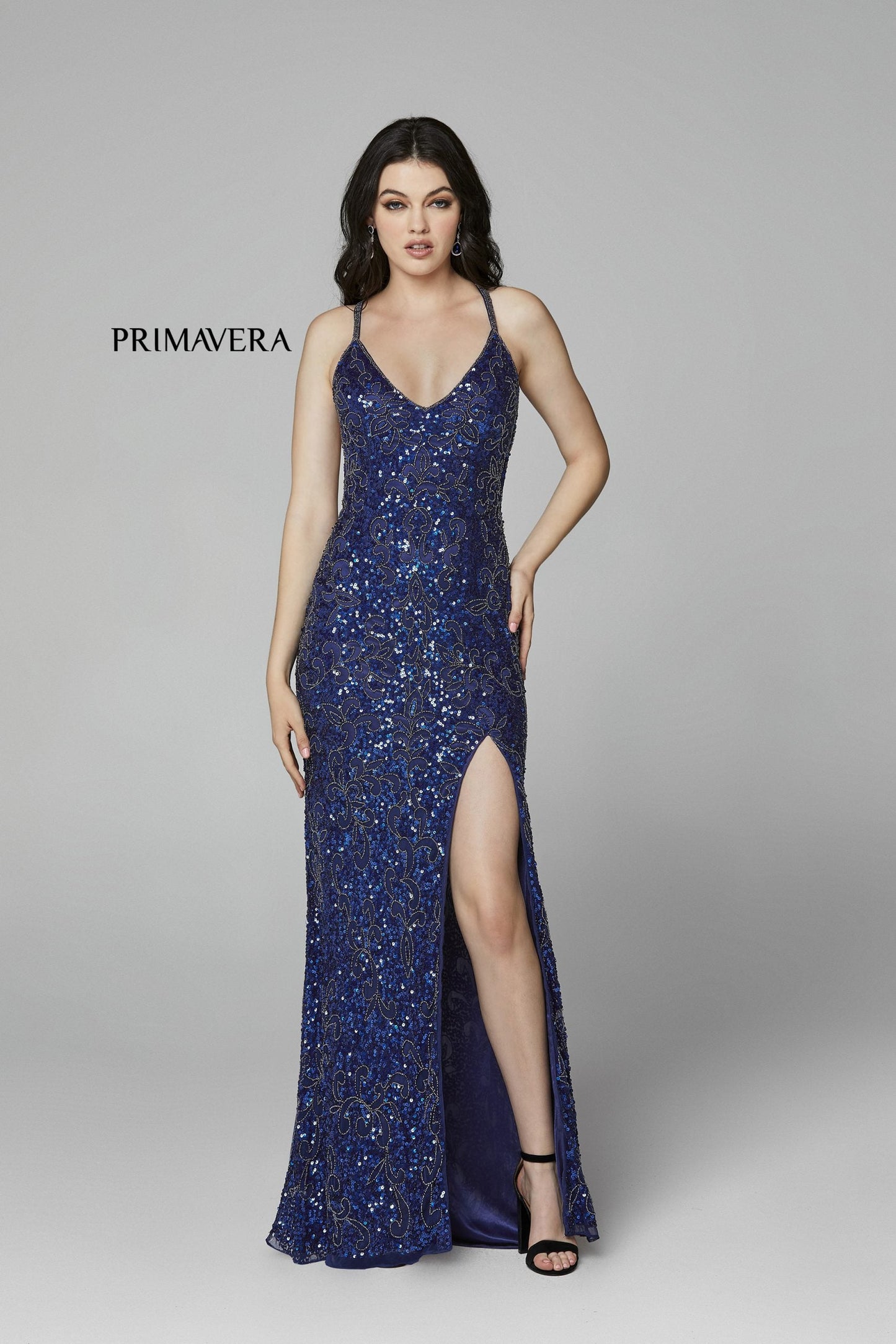 Primavera Couture 3295 Size 0, 4 Ivory Prom Dress V Neckline Sequins Backless Slit Formal Evening Gown