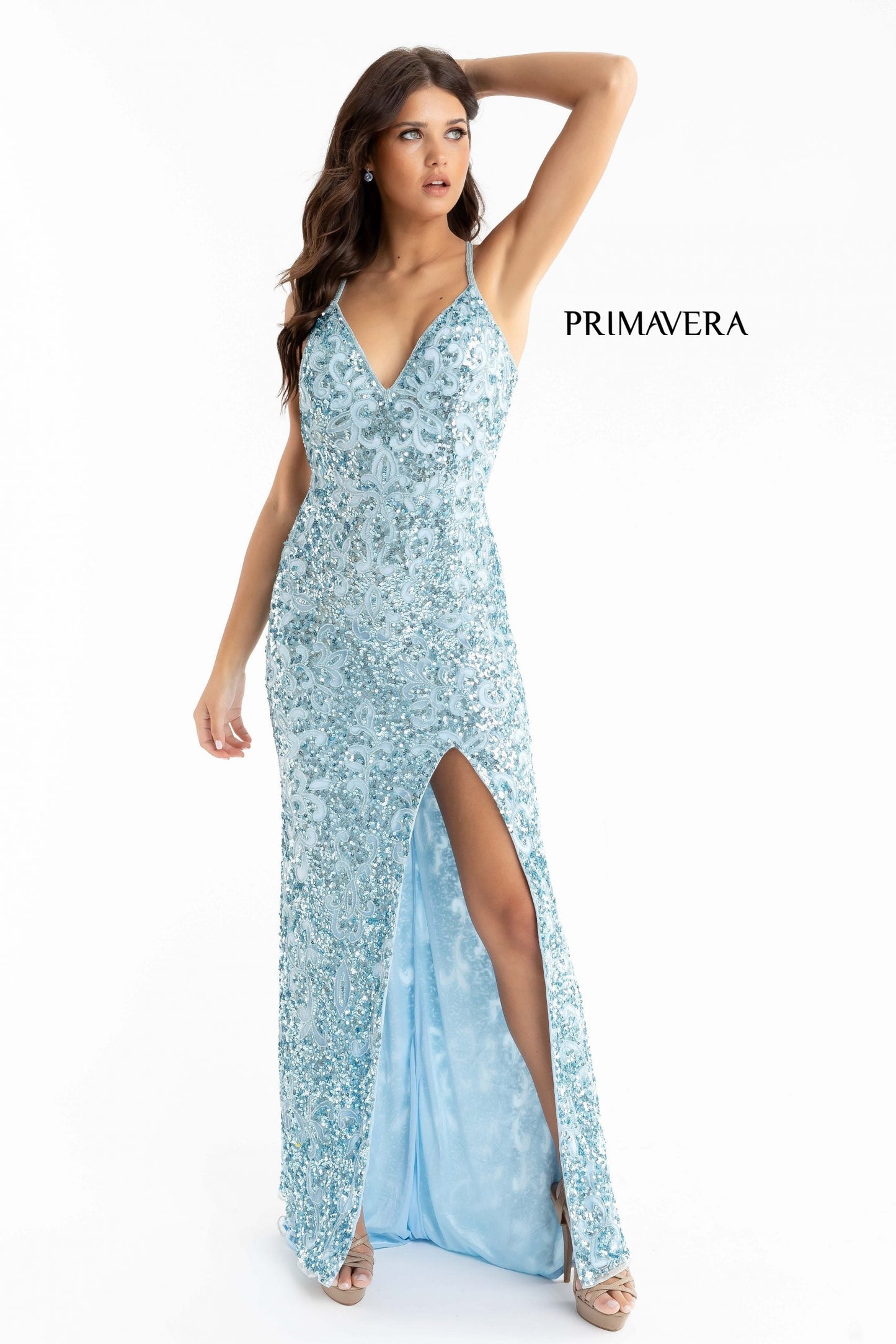 Primavera Couture 3295 Size 0, 4 Ivory Prom Dress V Neckline Sequins Backless Slit Formal Evening Gown