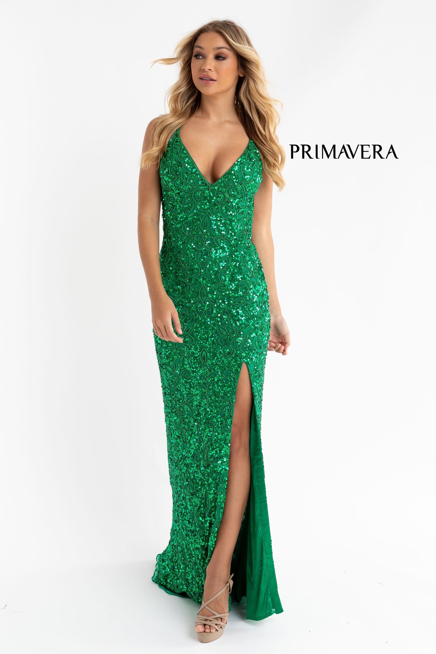 Primavera Couture 3295 Size 000 , 0  Neon Pink Prom Dress V Neckline Sequins Backless Slit Formal Evening Gown