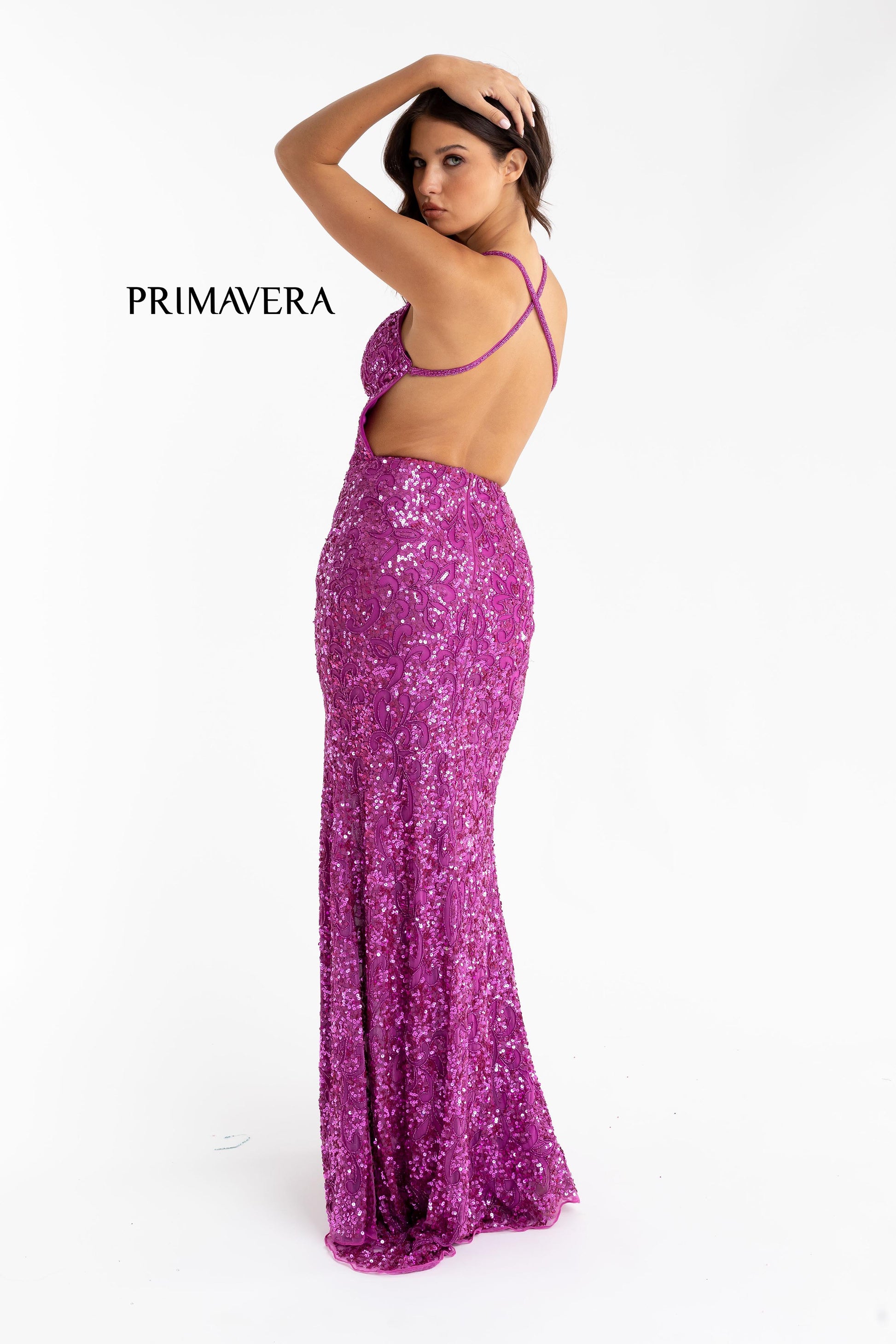 Primavera Couture 3295 Exclusive  Prom Dress, Formal Evening Gown.  This exclusive prom dress is designed with sequins throughout.  I has a V neckline with beaded spaghetti straps that crisscross in the open back.  It is long with a left side slit.  Available Colors:  FUSHIA,CREAM,EMERALD,IVORY,PEACOCK,BLACK,MIDNIGHT,NEON LILAC,NEON PINK,FORREST GREEN,PURPLE,TURQUOISE,CORAL,BLUE,RED,LIGHT BLUE,NEON SAGE