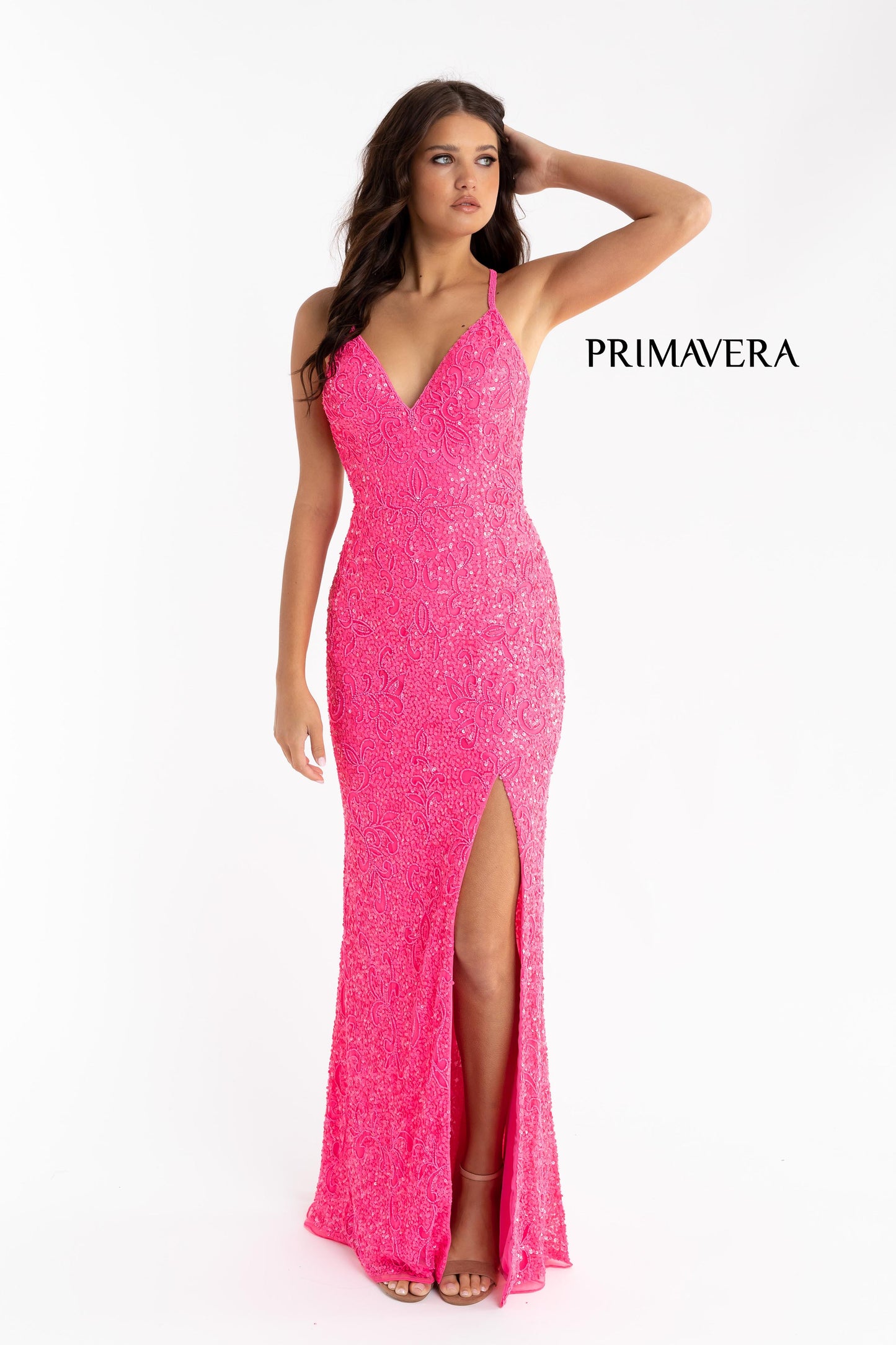 Primavera Couture 3295 Exclusive  Prom Dress, Formal Evening Gown.  This exclusive prom dress is designed with sequins throughout.  I has a V neckline with beaded spaghetti straps that crisscross in the open back.  It is long with a left side slit.  Available Colors:  FUSHIA,CREAM,EMERALD,IVORY,PEACOCK,BLACK,MIDNIGHT,NEON LILAC,NEON PINK,FORREST GREEN,PURPLE,TURQUOISE,CORAL,BLUE,RED,LIGHT BLUE,NEON SAGE