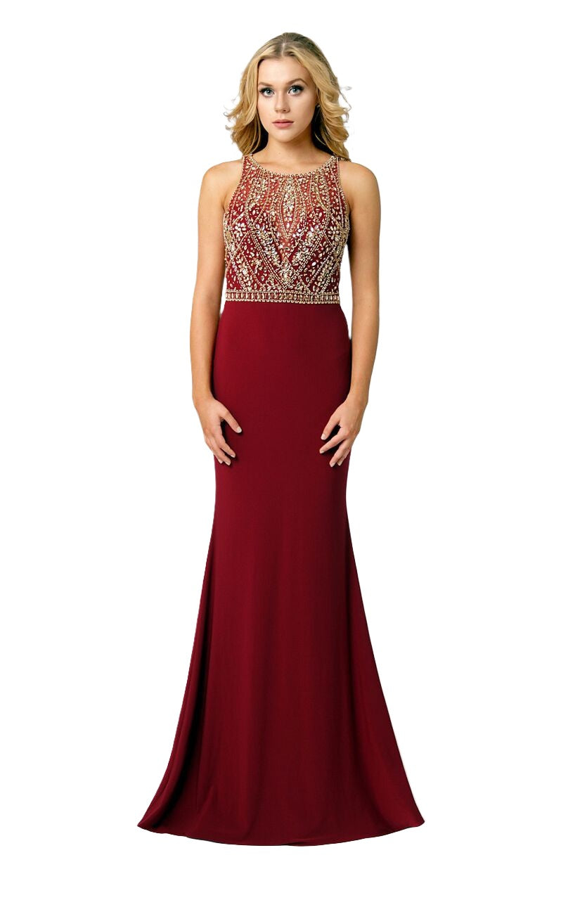 Swing Prom 3463 sleeveless Sheer Embellished high neckline beaded bodice and jersey Fit & Flare gown. illusion plunging neckline formal evening gown.   Available Size: 4  Available Color: Wine