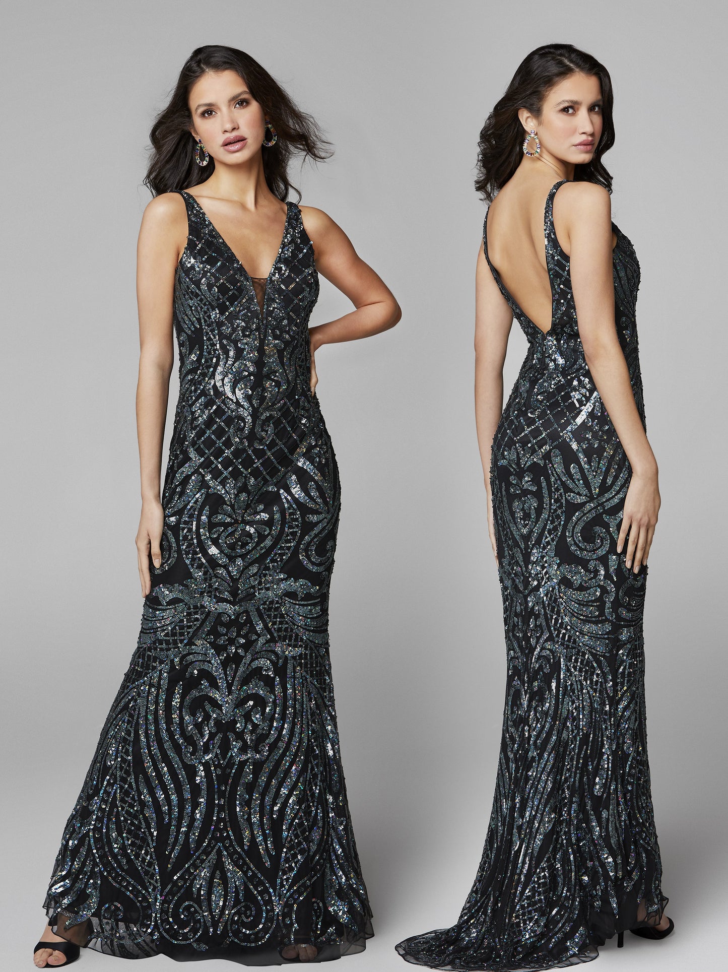 Primavera Couture 3612 is a long Fitted Sequin Embellished Formal Evening Gown. Featuring a Plunging Deep V Neckline. Elegant Sequin Embellishments scroll down throughout the length of this fit & Flare Prom Dress.  Available Sizes: 00,0,2,4,6,8,10,12,14,16,18  Available Colors: Black/Blue, Black/Multi, Ivory, Yellow