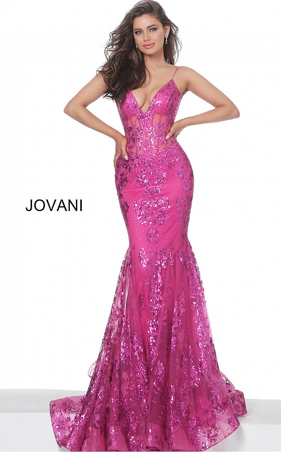 Shine like a Diamond in Jovani 3675! This Gown Features an Embellished Sheer Corset Style Bodice with a Deep V Neckline. Mermaid Silhouette with a Glitter & Crystal Overlay on Tulle. 