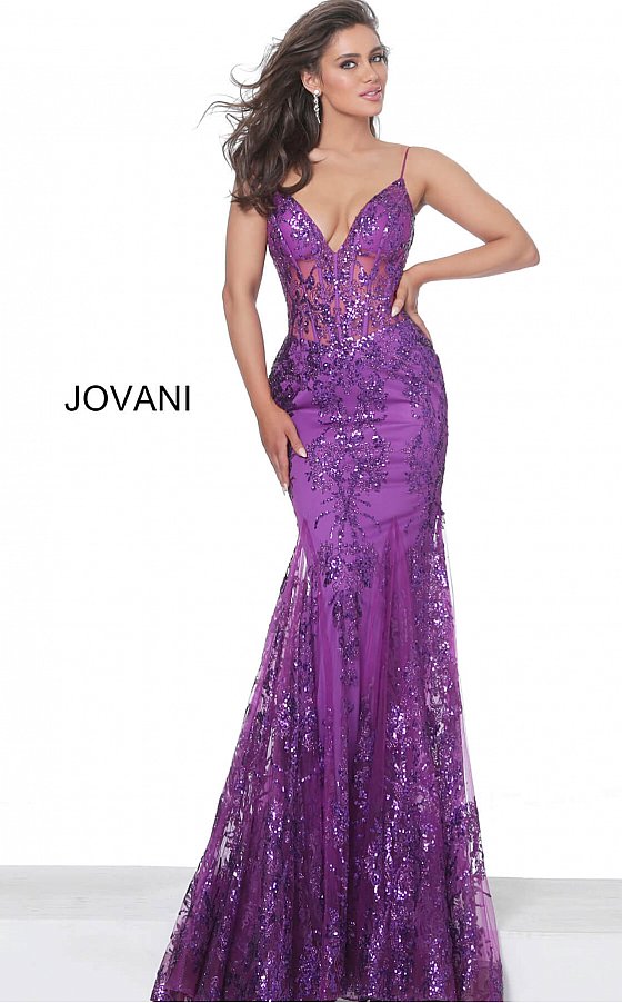 Shine like a Diamond in Jovani 3675! This Gown Features an Embellished Sheer Corset Style Bodice with a Deep V Neckline. Mermaid Silhouette with a Glitter & Crystal Overlay on Tulle. 