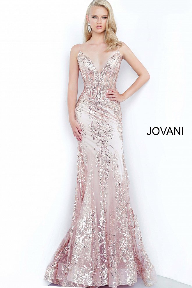 Shine like a Diamond in Jovani 3675! This Gown Features an Embellished Sheer Corset Style Bodice with a Deep V Neckline. Mermaid Silhouette with a Glitter & Crystal Overlay on Tulle. 