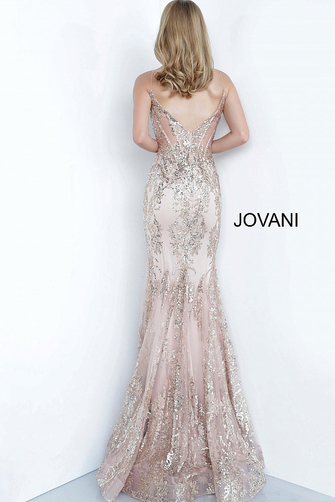 Shine like a Diamond in Jovani 3675! This Gown Features an Embellished Sheer Corset Style Bodice with a Deep V Neckline. Mermaid Silhouette with a Glitter & Crystal Overlay on Tulle. 