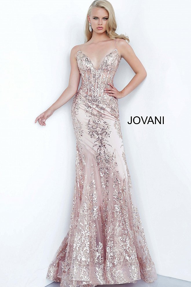 Shine like a Diamond in Jovani 3675! This Gown Features an Embellished Sheer Corset Style Bodice with a Deep V Neckline. Mermaid Silhouette with a Glitter & Crystal Overlay on Tulle. 