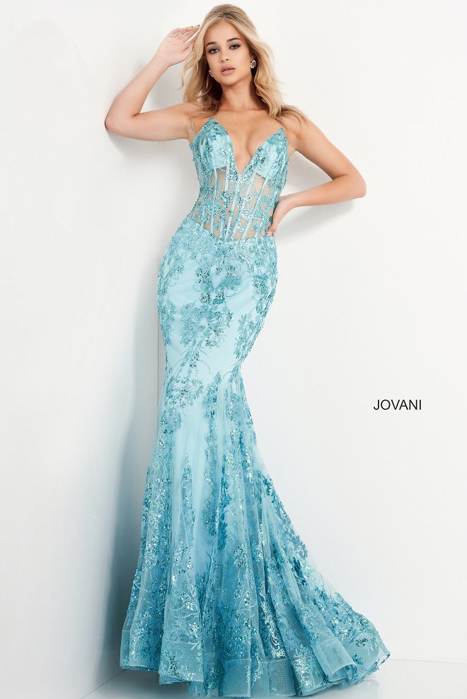 Jovani 3675 Prom Dress. Shine like a Diamond in Jovani 3675! This Gown Features an Embellished Sheer Corset Style Bodice with a Deep V Neckline. Mermaid Silhouette with a Glitter & Crystal Overlay on Tulle. 