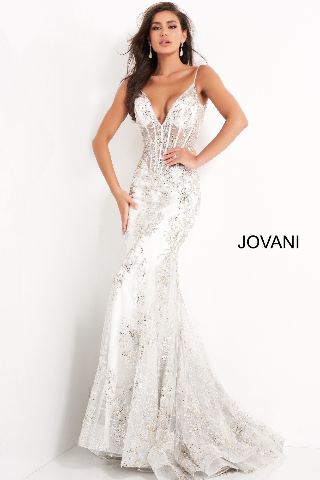 Jovani 3675 Long Prom Dress Sheer Corset Shimmer Mermaid Pageant Gown Embellished form fitting prom dress, floor length with slightly flare bottom, sheer bodice with boning, sleeveless, plunging neckline, spaghetti straps over shoulders, V back. Prom Dresses, Pink Prom Dresses, Corset Dresses, Illusion Dresses, Mermaid Prom Dresses, Sequin Prom Dresses, Sexy Prom Dresses, V Neck Prom Dresses, Long Prom Dresses, Blush Dresses Glass Slipper Formals