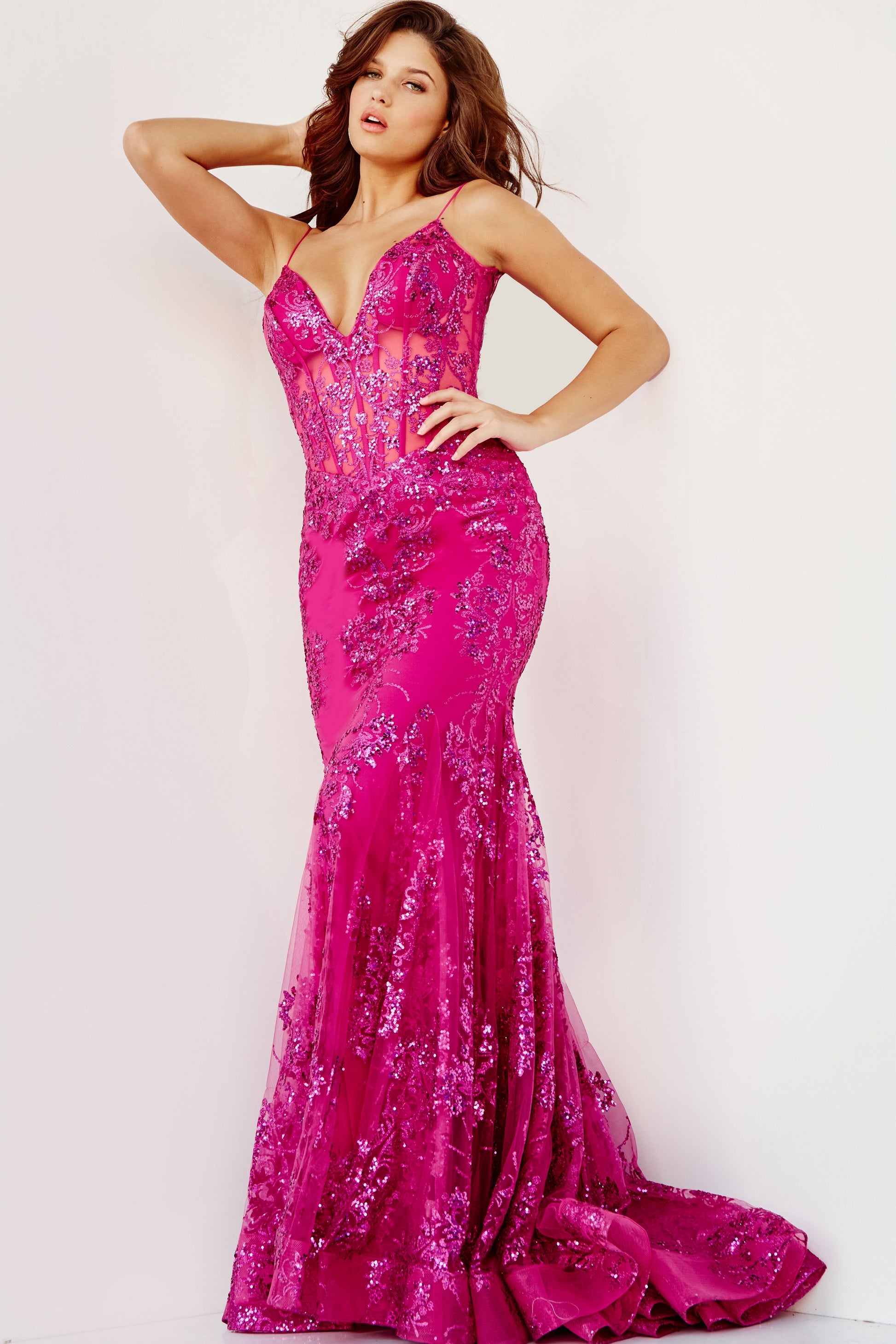 Embellished form fitting prom dress, floor length with slightly flare bottom, sheer bodice with boning, sleeveless, plunging neckline, spaghetti straps over shoulders, V back. Prom Dresses, Pink Prom Dresses, Corset Dresses, Illusion Dresses, Mermaid Prom Dresses, Sequin Prom Dresses, Sexy Prom Dresses, V Neck Prom Dresses, Long Prom Dresses, Blush Dresses  