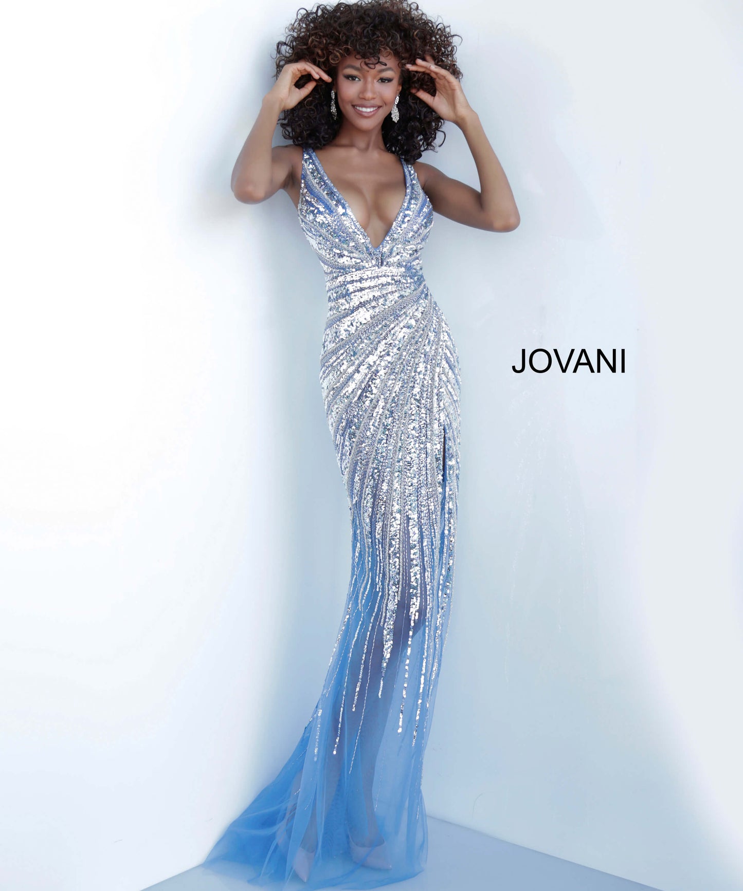 Jovani 3686 is a 2020 Prom Dress, Evening Gown, Pageant Dress & Formal Wear Attire. Featuring a Fully Crystal Embellished asymmetrical Bodice with detailed beading. Plunging V Neckline with high slit sheath silhouette with sheer mesh skirt.   Available Sizes: 00, 0, 2, 4, 6, 8, 10, 12, 14, 16, 18, 20, 22, 24  Available Colors: gold/silver, perriwinkle, platinum