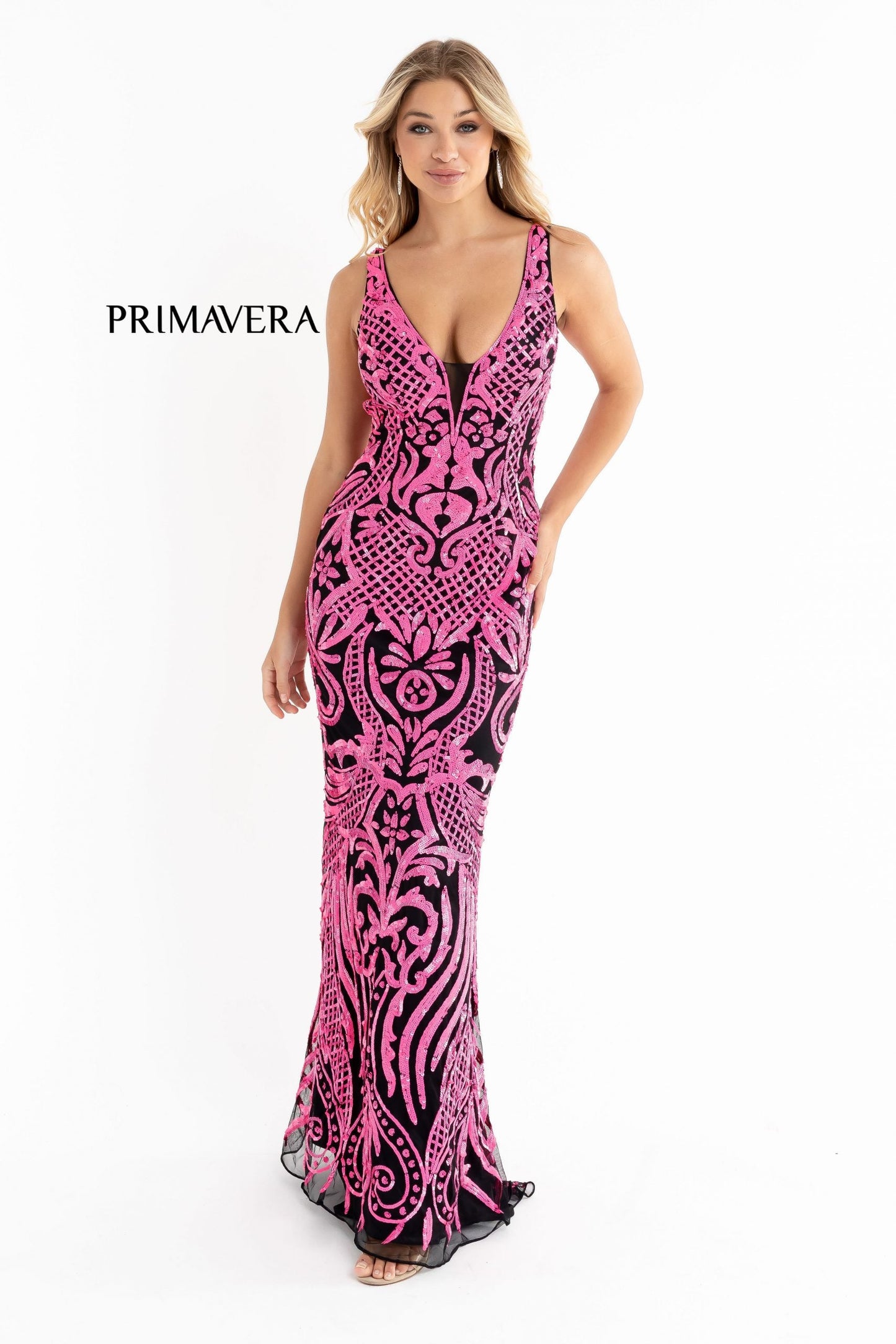 Primavera Couture 3722 Size 00 Coral Iridescent Prom Dress V Neckline V Back Long Sequins Evening Gown