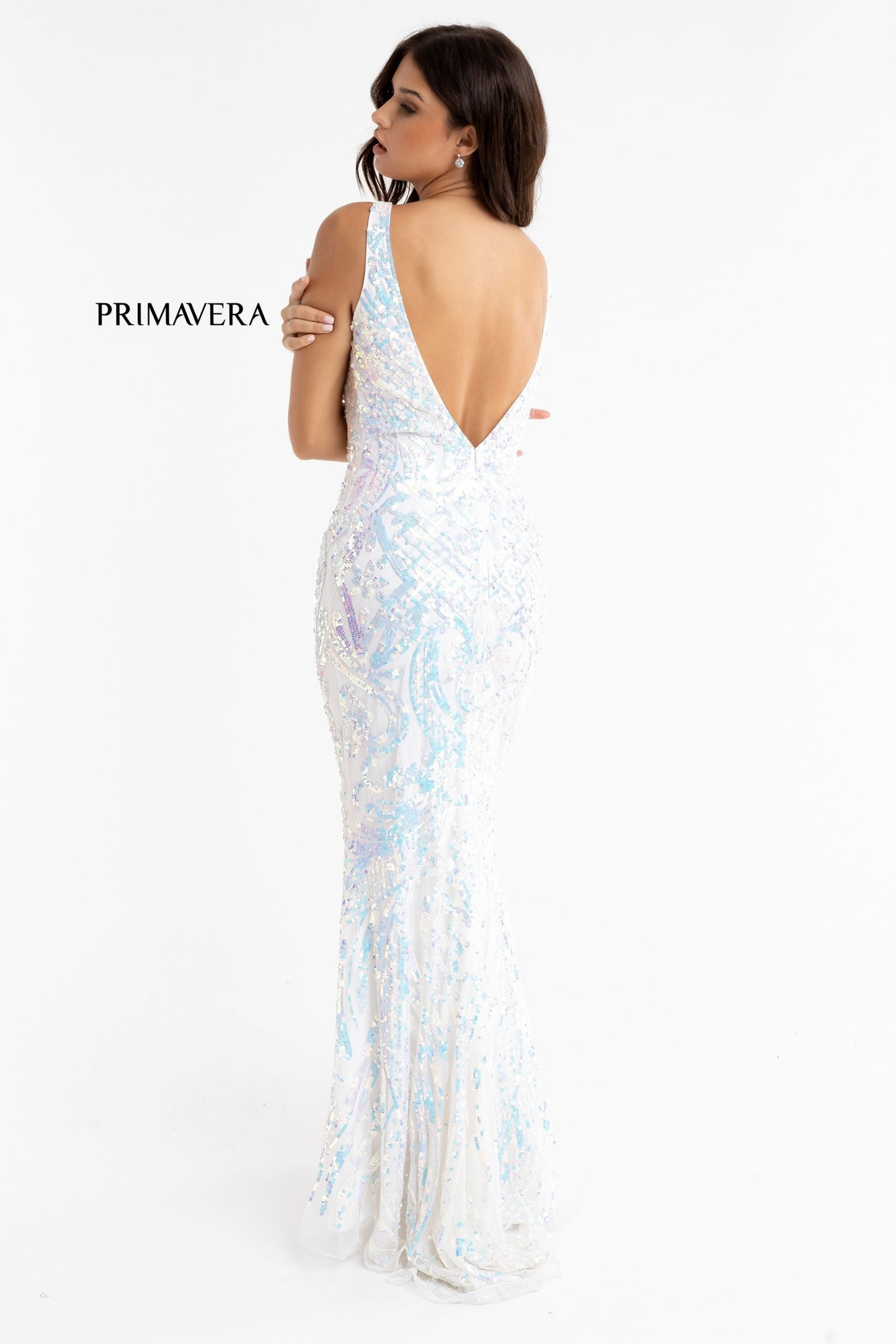 Primavera Couture 3722 Size 24 Iridescent Prom Dress V Neckline V Back Long Sequins Evening Gown