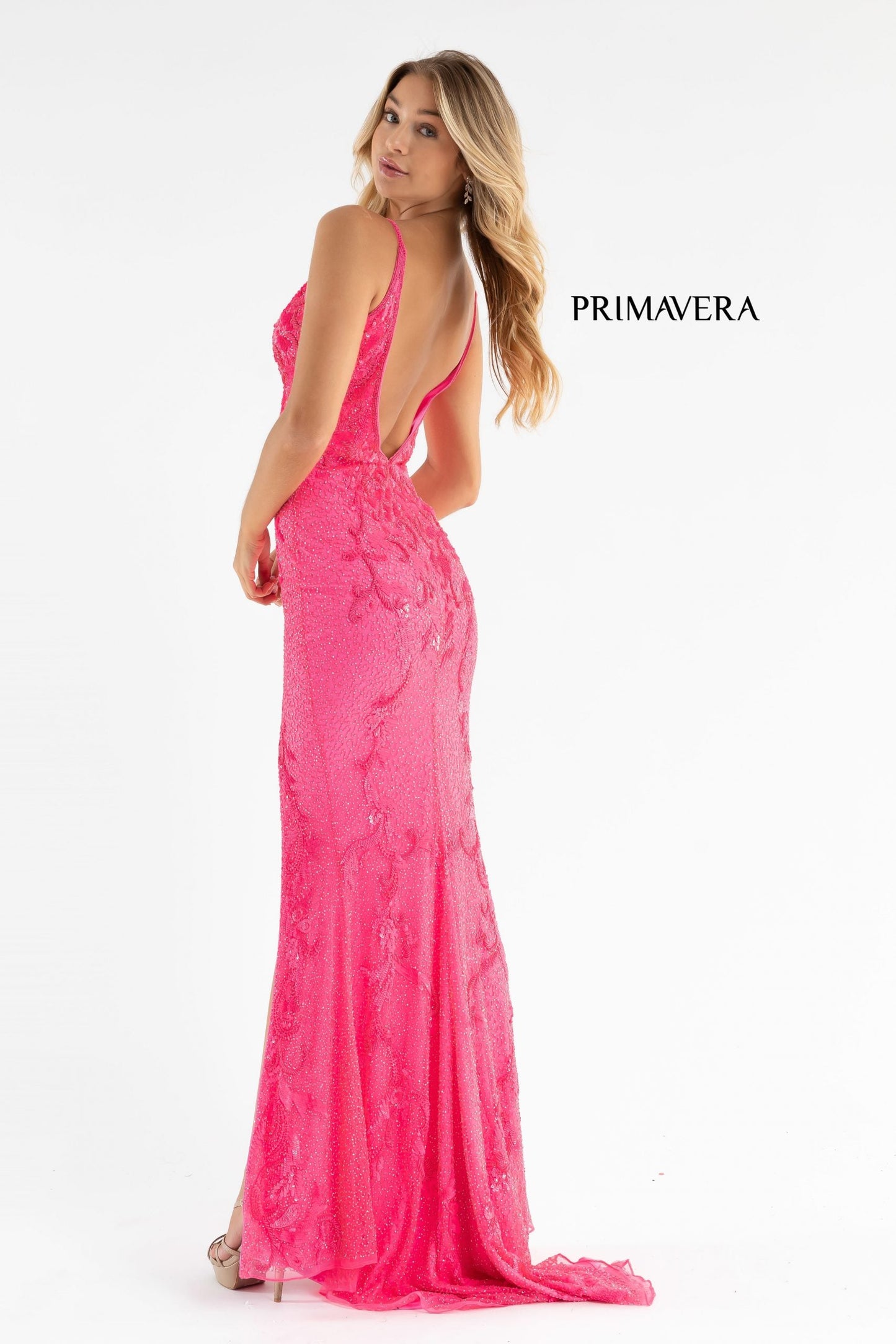 Primavera Couture 3727 Size 22 Prom Dress Beaded Floral Details V Neckline Backless Slit