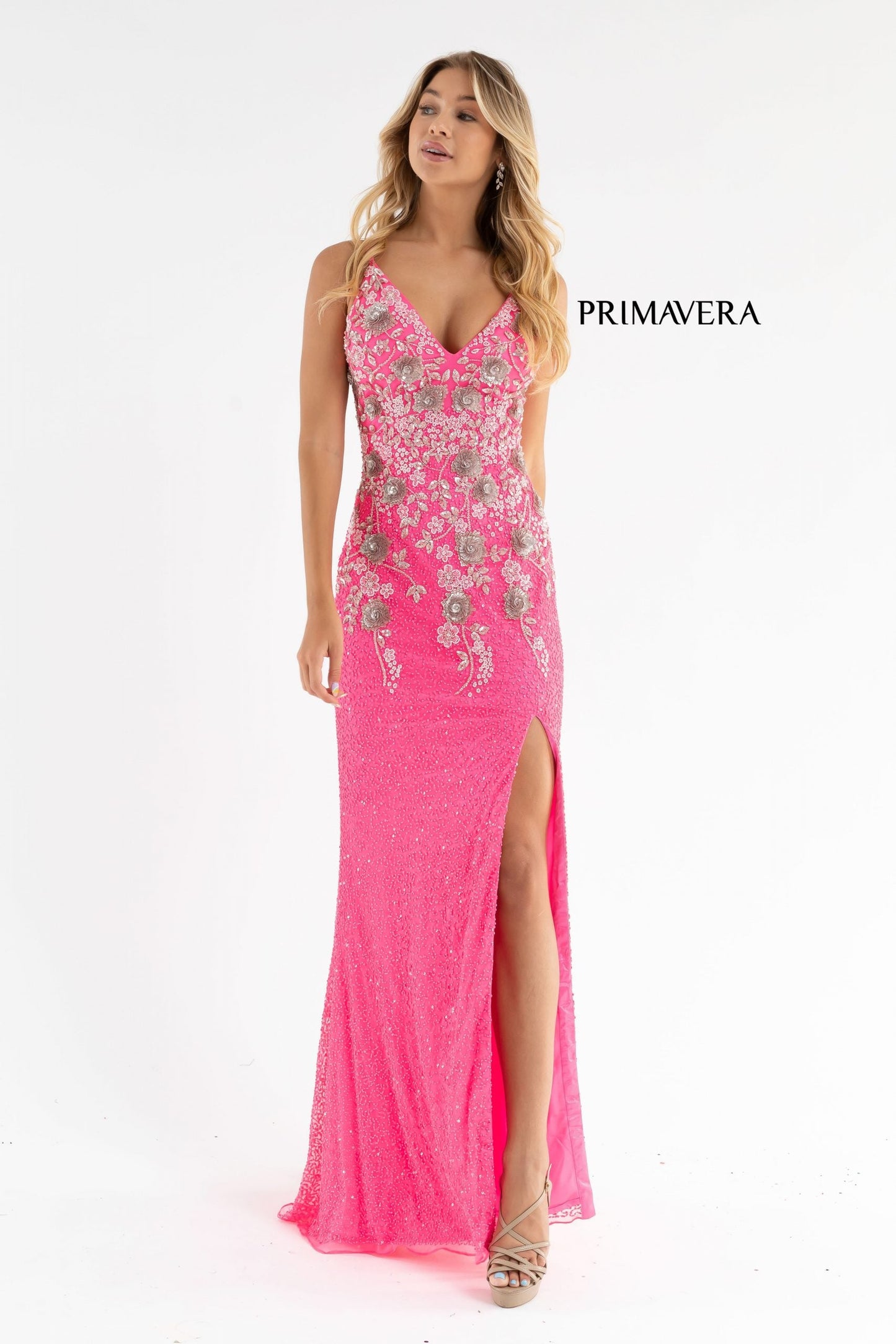 Primavera Couture 3730 Size 4 Prom Dress Flower Bodice Sequins V Neckline Slit Mid Back