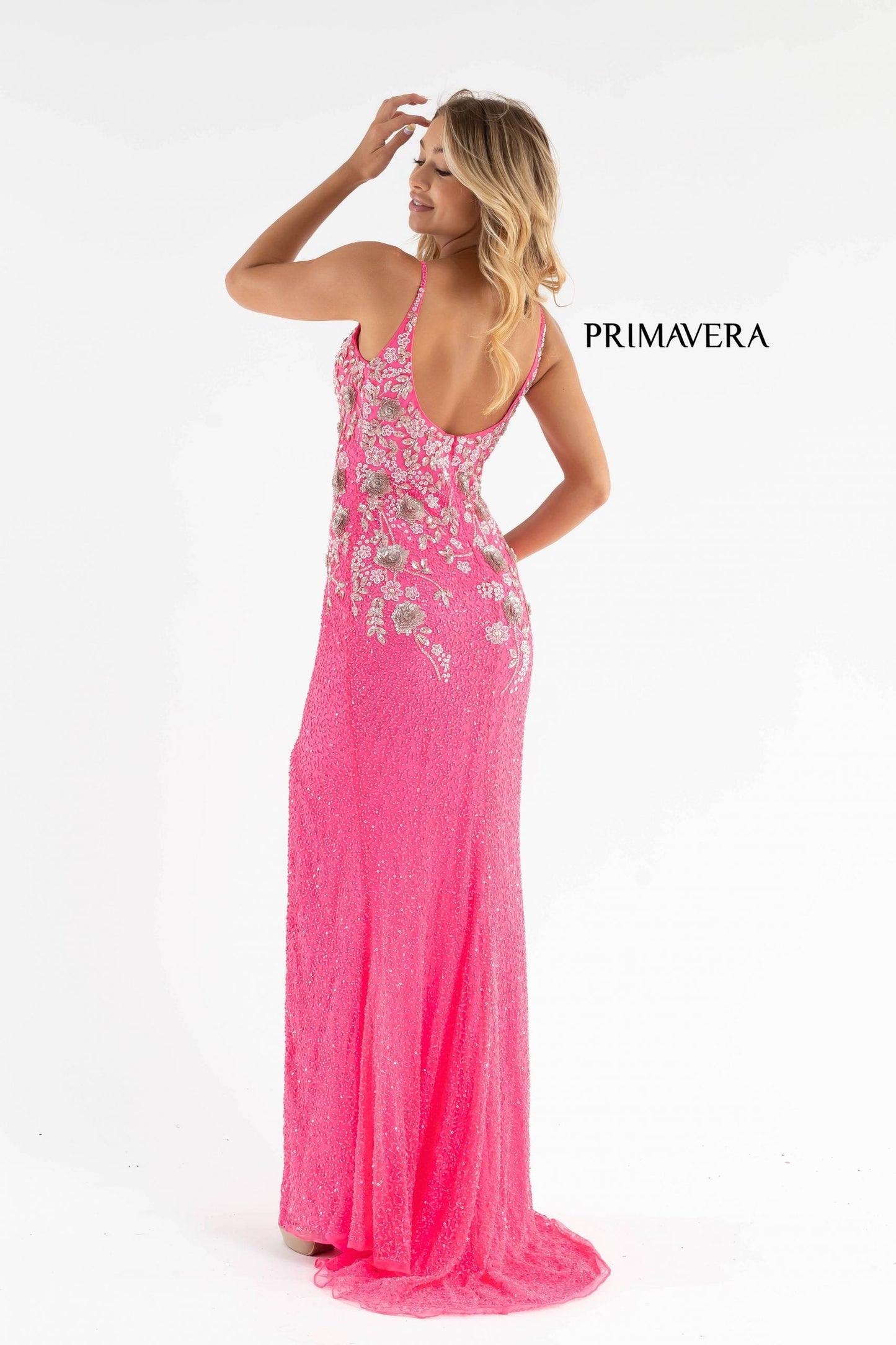 Primavera Couture 3730 Size 4 Prom Dress Flower Bodice Sequins V Neckline Slit Mid Back