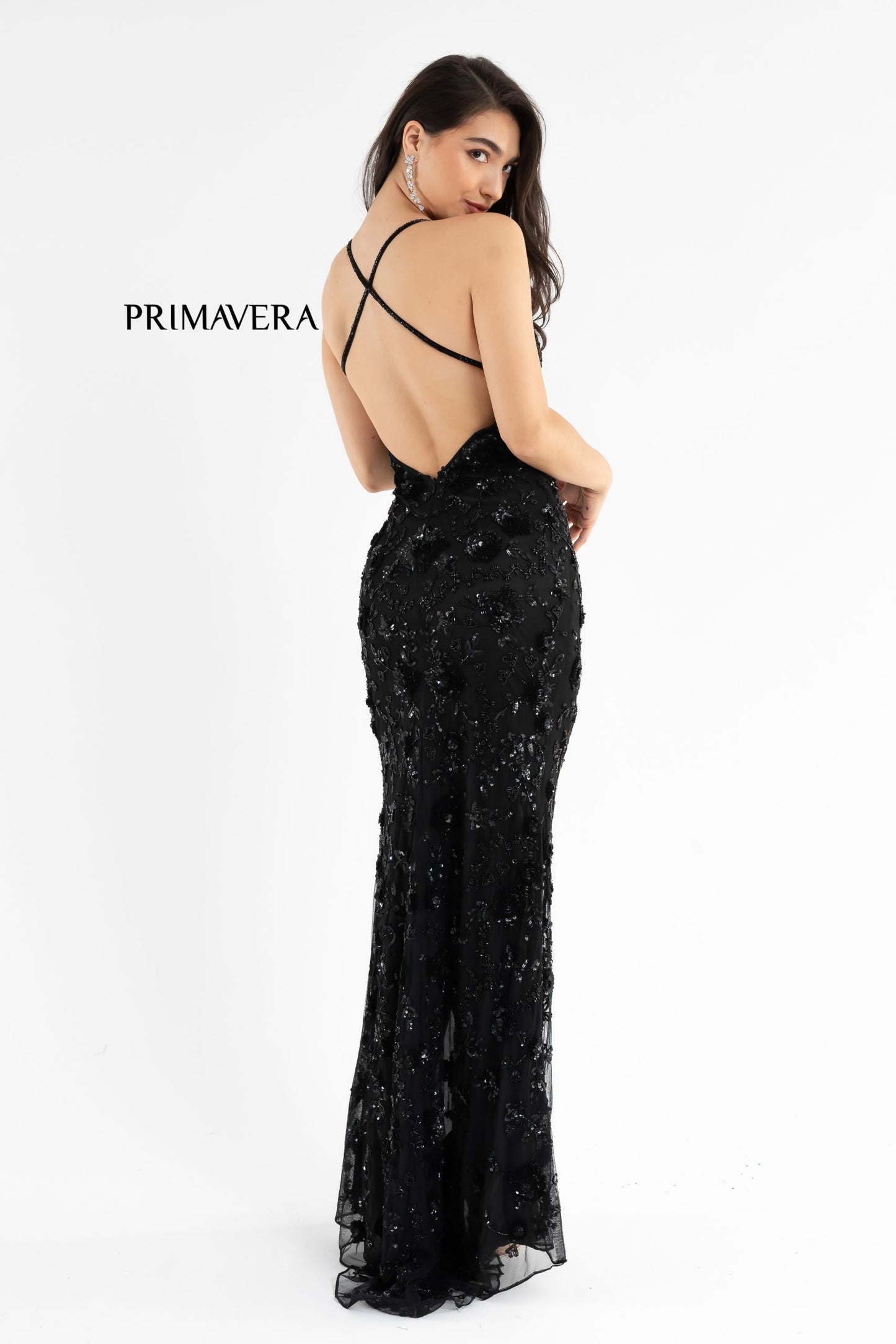 Primavera Couture 3731 Size 0 3D Flowers Prom Dress Sequins with a V Neckline Slit Open Back