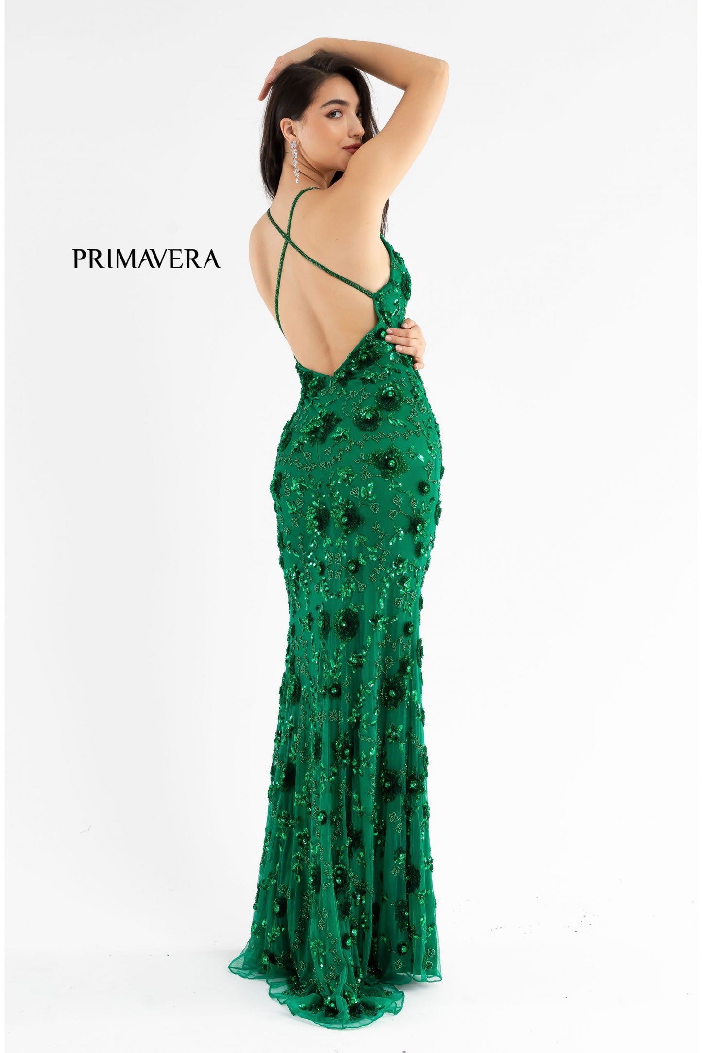 Primavera Couture 3731 Size 0 3D Flowers Prom Dress Sequins with a V Neckline Slit Open Back